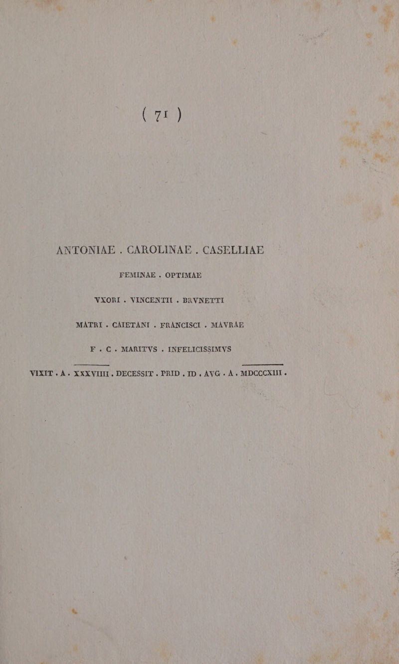ANTONIAE . CAROLINAE . CASELLIAE FEMINAE . OPTIMAE VXORI . VINCENTII . BRVNETTI MATRI . CAIETANI . FRANCISCI . MAVRAE F.C. MARITVS . INFELICISSIMVS