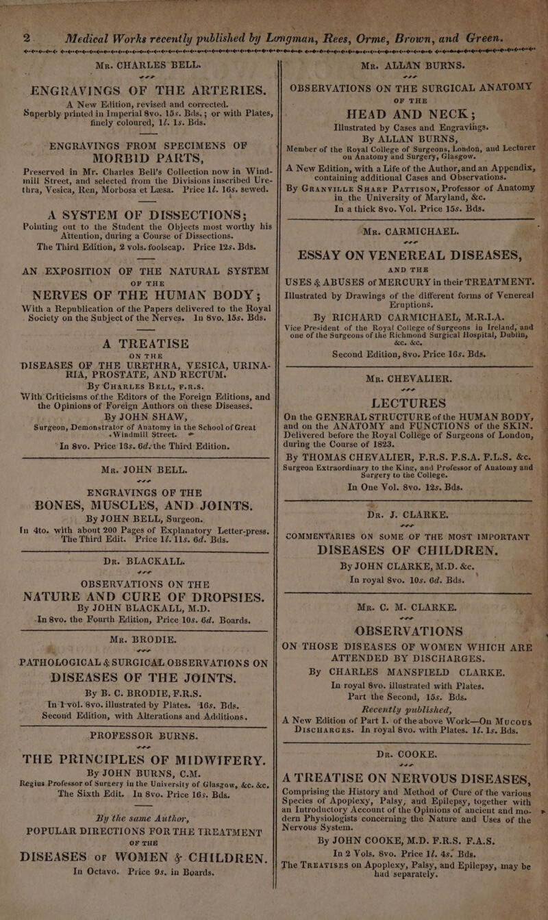 Mr. CHARLES BELL. ... ENGRAVINGS OF THE ARTERIES. A New Edition, revised and corrected. finely coloured, 12. 1s. Bds. —ws “ENGRAVINGS FROM SPECIMENS OF MORBID PARTS, Preserved in Mr. thra, Vesica, Ren, Morbosa et Lesa. Price 1d. 16s, sewed. A SYSTEM OF DISSECTIONS; Pointing out to the Student the Objects most worthy his Attention, during a Course of Dissections. The Third Edition, 2 vols. foolscap. Price 12s. Bds. EXPOSITION OF THE ’ OF THE NERVES OF THE HUMAN BODY; With a Republication of the Papers delivered to the Royal . Society on the Subject of the Nerves. In 8vo. 15s. Bds. A TREATISE ON THE AN NATURAL SYSTEM RIA, PROSTATE, AND RECTUM. ‘By Cuarves BELL, F.R.S. With’ Criticisms of.the Editors of the Foreign Editions, and the Opinions of Foréign Authors on these Diseases. By JOHN SHAW, Surgeon, Demonstrator of Anatomy in the School of Great «Windmill Street. = “In 8vo. Price 18s. 6d-the Third Edition. Mr. JOHN BELL. ENGRAVINGS OF THE BONES, MUSCLES, AND JOINTS. By JOHN BELL, Surgeon. In 4to. with about 200 Pages of Explanatory Letter-press. The Third Bait. Price 12. 11s. 6d. Bds. Dr. BLACKALL. OBSERVATIONS ON THE NATURE AND CURE OF DROPSIES. By JOHN BLACKALL, M.D. -In 8vo. the Fourth Edition, Price 10s. 6d. Boards. ’ Mr. BRODIE. at .. PATHOLOGICAL &amp; SURGICAL OBSERVATIONS ON DISEASES OF THE JOINTS. By B. C. BRODIE, F.R.S. In’T vol. 8vo. illustrated by Plates. 6s. Bds. Second Edition, with Alterations and. Additions. PROFESSOR BURNS. THE PRINCIPLES OF MIDWIFERY. By JOHN BURNS, C.M. Regius Professor of Surgery in the University of Glaszow, &amp;c. &amp;c. The Sixth Edit. In 8vo. Price 16s. Bds. By the same Author, POPULAR DIRECTIONS FOR THE TREATMENT OF THE DISEASES or WOMEN &amp; CHILDREN. In Octavo. Price 9s. in Boards. Mr. meen BURNS. of Auge ‘2 ttt OF THE a _ HEAD AND NECK; Bs Illustrated by Cases and Engravings. a By ALLAN BURNS, i By on Anatomy and Surgery, Glasgow. containing additional Cases and Observations. in the University of Maryland, &amp;c. In a thick 8vo. Vol. Price 15s. Bds. “Mr. CARMICHAEL. off ESSAY ON VENEREAL DISEASES, AND THE USES &amp; ABUSES of MERCURY in their TREATMENT. Illustrated by Drawings of the different forms of Venereal © Eruptions. By RICHARD CARMICHAEL, M.R.LA. Vice President of the Royal College of Surgeons in Ireland, and one of the Surgeons of the Richmond Surgical eas Dublin, &amp;c. &amp;c, Second Edition, 8vo. Price 16s. Bas. Mr. CHEVALIER. LLP LECTURES and on the ANATOMY and FUNCTIONS of the SKIN. Delivered before the Royal College of Surgeons of London, during the Course of 1823. . By THOMAS CHEVALIER, F.R.S. F.S.A. F.L.S. &amp;c. Surgeon Extraordinary to the King, and Professor of Anatomy and. Surgery to tne College. In One Vol. 8vo. 12s. Bds. _ Dr. J. CLARKE. vr. COMMENTARIES ON SOME OF THE MOST IMPORTANT DISEASES OF CHILDREN. By JOHN CLARKE,M.D.&amp;. In royal Svo. 10s. 6d. Bds. Mr. C. M. CLARKE. , OBSERVATIONS — ATTENDED BY DISCHARGES. By CHARLES MANSFIELD CLARKE. In royal 8vo. illustrated with Plates. Part the Second, 15s. Bds. 1 Recently published, i Discuarces. In royal 8vo. with Plates. 12. 1s. Bds. Dr. COOKE. A TREATISE ON NERVOUS DISEASES, Comprising the History and Method of Cure of the various Species of Apopiexy, Palsy, and Epilepsy, together with dern Physiologists concerning the Nature and Uses of the Nervous System. By JOHN COOKE, M.D. F.R.S. F.A.S. In 2 Vols, 8vo. Price 12. 4s: Bds. The TREATISES on Apoplexy, Palsy, and Epilepsy, may be had separately. + ‘ nn ER i » 2 - 1 4 es 1 3 4 a POR + - a