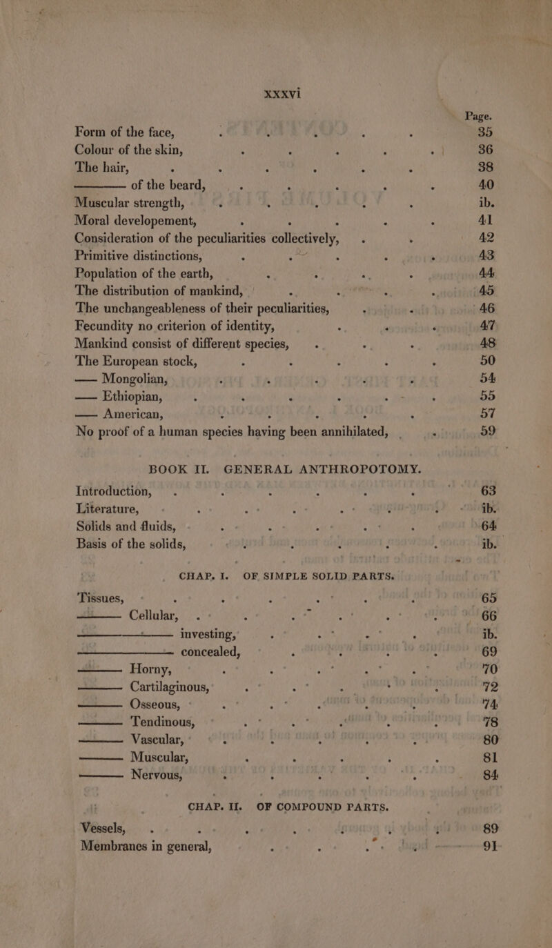 Form of the face, Colour of the skin, The hair, of the beard, Muscular strength, Moral developement, Consideration of the peculiarities collectively, Primitive distinctions, Population of the earth, The distribution of mankind, “ The unchangeableness of their peculiarities, : P Fecundity no criterion of identity, Mankind consist of different species, The European stock, — Mongolian, —— Ethiopian, —— American, No proof of a human species Karin De ABS Hees Introduction, Literature, Solids and fluids, Basis of the solids, CHAP. I. OF SIMPLE SOLID PARTS. Tissues, : A } : u Cellular, . ; He _——— investing, é ey ae concealed, —— Horny, —— Cartilaginous, Osseous, ° Tendinous, Vascular, Muscular, ——— Nervous, CHAP. II. OF COMPOUND PARTS. Vessels, Membranes in general, 89 9