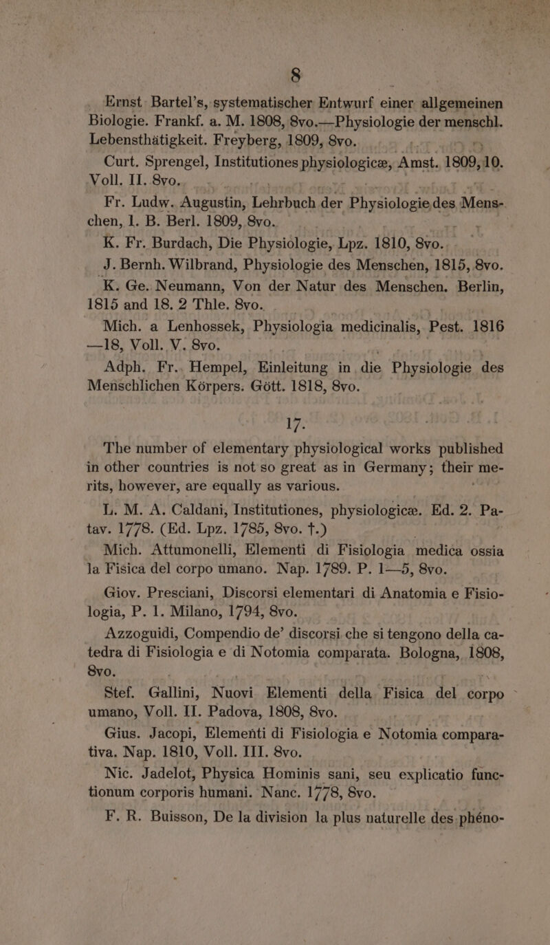_ Ernst: Bartel’s, systematischer Entwurf einer allgemeinen Biologie. Frankf. a. M. 1808, 8vo. — Physiologie der menschl. Lebensthätigkeit. Freyberg, 1809, 8vo. Curt. Sprengel, Institutiones Physiologica, Amst. 1809, 10. Voll. II. 8vo.. Fr. Ludw. Ann aha, Ber een des Mens- chen, 1. B. Berl. 1809, Svo. | ere K. Fr. Burdach, Die Physiologie, es 1810, Een J. Bernh. Wilbrand, Physiologie des Menschen, 1815, 8vo. K. Ge. Neumann, Von der Natur des Menschen. Berlin, 1815 and 18.2 Thle. vo. 5 | Mich. a Lenhossek, Physiologia medicinalis, Pest. 1816 —18, Voll. V. 8vo. Adph. Fr.. Hempel, Einleitung in, die Physiologie des Menschlichen Körpers: Gott. 1818, 8vo. 17. The number of elementary physiological works published in other countries is not so great asin Germany; their me- rits, however, are equally as various. L. M. A. Caldani, Institutiones, physiologice. Ed. 2. 4 tav. 1778. (Ed. Lpz. 1785, 8vo. ft.) Mich. Attumonelli, Elementi di Fisiologia medica ossia la Fisica del corpo umano. Nap. 1789. P. 1—5, 8vo. Giov. Presciani, Discorsi elementari di Anatomia e Fisio- logia, P. 1. Milano, 1794, 8vo. Azzoguidi, Compendio de’ discorsi che si tengono della ca- tedra di Fisiologia e di Notomia comparata. Bologna, 1808, Svo. Stef. Gallini, Nace Elementi della Fisica, del Saba umano, Voll. II. Padova, 1808, 8vo. Gius. Jacopi, Elementi di Fisiologia e Notomia compara- tiva. Nap. 1810, Voll. III. 8vo. Nic. Jadelot, Physica Hominis sani, seu FE nsue func- tionum corporis humani. Nanc. 1778, 8vo. F. R. Buisson, De la division la plus naturelle des. phéno-