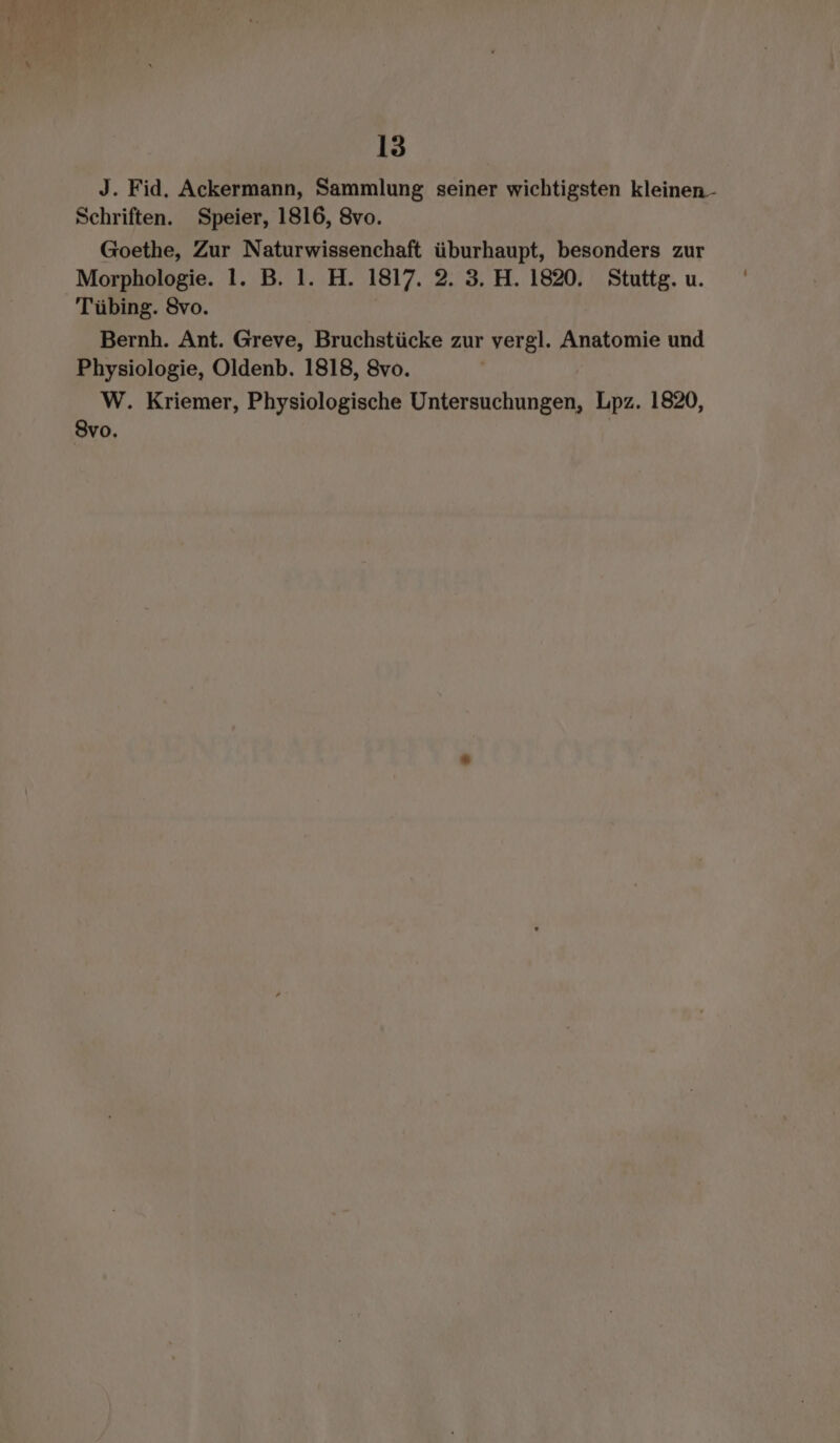 J. Fid. Ackermann, Sammlung seiner wichtigsten kleinen - Schriften. Speier, 1816, 8vo. Goethe, Zur Naturwissenchaft iiburhaupt, besonders zur Morphologie. 1. B. 1. H. 1817. 2. 3. H. 1820. Stuttg. u. Tübing. 8vo. Bernh. Ant. Greve, Bruchstiicke zur vergl. Anatomie und Physiologie, Oldenb. 1818, 8vo. W. Kriemer, Physiologische Untersuchungen, Lpz. 1820, Svo.