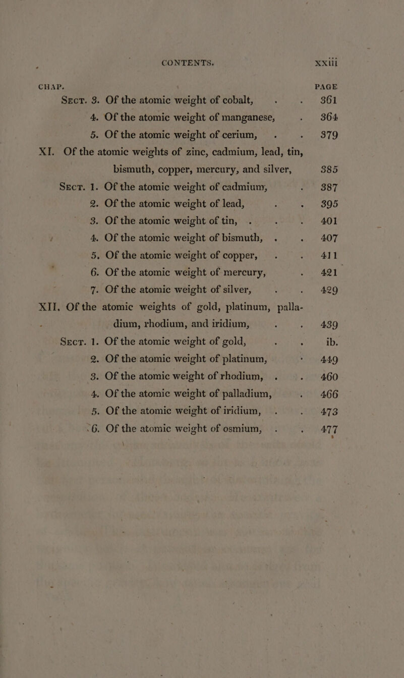 CHAP. Sect. 3. Of the atomic weight of cobalt, 4. Of the atomic weight of manganese, 5. Of the atomic weight of cerium, XI. Of the atomic weights of zinc, cadmium, lead, tin, bismuth, copper, mercury, and silver, Sect. 1. Of the atomic weight of cadmium, 2. Of the atomic weight of lead, 3. Of the atomic weight of tin, 4. Of the atomic weight of bismuth, . 5. Of the atomic weight of copper, 6. Of the atomic weight of mercury, 7. Of the atomic weight of silver, ; XII, Of the atomic weights of gold, platinum, palla- dium, rhodium, and iridium, Secr. 1. Of the atomic weight of gold, . Of the atomic weight of platinum, © . Of the atomic weight of rhodium, . 3 4, Of the atomic weight of palladium, 5. Of the atomic weight of iridium, 6 .6. Of the atomic weight of osmium, \