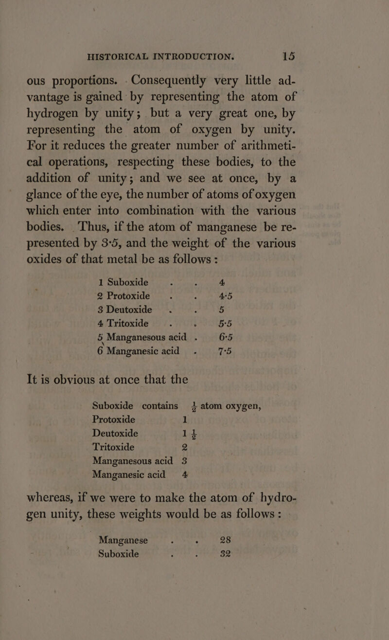 ous proportions. . Consequently very little ad- vantage is gained by representing the atom of hydrogen by unity; but a very great one, by representing the atom of oxygen by unity. For it reduces the greater number of arithmeti- cal operations, respecting these bodies, to the addition of unity; and we see at once, by a glance of the eye, the number of atoms of oxygen which enter into combination with the various bodies. ‘Thus, if the atom of manganese be re- presented by 3:5, and the weight of the various oxides of that metal be as follows : 1 Suboxide : ; 4. 2 Protoxide : : 4e5 8 Deutoxide . : 5 4. Tritoxide : j 55 5 Manganesous acid . 6°5 6 Manganesic acid. 75 It is obvious at once that the Suboxide contains 4 atom oxygen, Protoxide 1 Deutoxide 1} Tritoxide 2 Manganesous acid 3 Manganesic acid 4 whereas, if we were to make the atom of hydro- gen unity, these weights would be as follows: — Manganese : : 28 Suboxide : 7 82