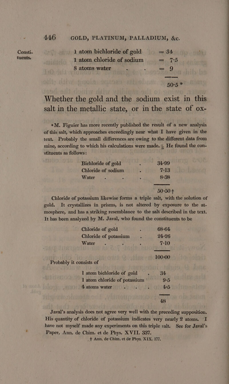 Consti- 1 atom bichloride of gold == 134 — 1 atom chloride of sodium =. 75 8 atoms water . ; = 9 50°5 * Whether the gold and the sodium exist in this salt in the metallic state, or in the state of ox- *M. Figuier has more recently published the result of a new analysis of this salt, which approaches exceedingly near what I have given in the text. Probably the small differences are owing to the different data from mine, according to which his calculations were made. » He found the con- Bichloride of gold : 34-99 Chloride of sodium 4 7-13 Water A A : 8°38 50-50 + Chloride of potassium likewise forms a triple salt, with the solution of gold. It crystallizes in prisms, is not altered by exposure to the at- mosphere, and has a striking resemblance to the salt described in the text. It has been analyzed by M. Javal, who found the constituents to be Chloride of gold : 68 -64 Chloride of potassium ; 24-26 Water. : p 7-10 100-00 Probably it consists of 1 atom bichloride of gold . 34 1 atom chloride of potassium 9-5 4 atoms water : ; ; Ts) 48 ‘Javal’s analysis does not agree very well with the preceding supposition. His quantity of chloride of potassium indicates very nearly 2 atoms. I have not myself made any experiments on this triple salt. See for Javal’s ' Paper, Ann. de Chim. et de Phys. X VII. 337. _.t Ann, de Chim. et de Phys, XIX, 177, i a ae