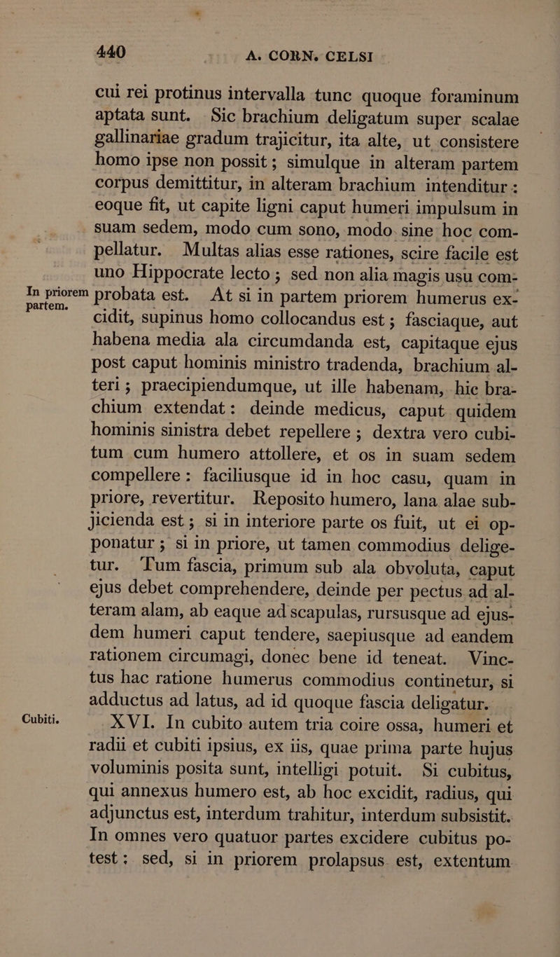 cui rei protinus intervalla tunc quoque foraminum aptata sunt. Sic brachium deligatum super scalae gallinariae gradum trajicitur, ita alte, ut consistere homo ipse non possit; simulque in alteram partem corpus demittitur, in alteram brachium intenditur : eoque fit, ut capite ligni caput humeri impulsum in suam sedem, modo cum sono, modo. sine hoc com- pellatur. Multas alias esse rationes, scire facile est uno Hippocrate lecto ; sed non alia magis usu com- p probata est. Atsiin partem priorem humerus ex- - .cidit, supinus homo collocandus est ; fasciaque, aut habena media ala circumdanda est, capitaque ejus post caput hominis ministro tradenda, brachium al- teri; praecipiendumque, ut ille habenam, hic bra- chium extendat: deinde medicus, caput quidem hominis sinistra debet repellere ; dextra vero cubi- tum cum humero attollere, et os in suam sedem compellere: faciliusque id in hoc casu, quam in priore, revertitur. Reposito humero, lana alae sub- Jicienda est ; si in interiore parte os fuit, ut ei Op- ponatur; siin priore, ut tamen commodius delige- tur. Tum fascia, primum sub ala obvoluta, caput ejus debet comprehendere, deinde per pectus ad al- teram alam, ab eaque ad scapulas, rursusque ad ejus- dem humeri caput tendere, saepiusque ad eandem rationem circumagi, donec bene id teneat. Vinc- tus hac ratione humerus commodius continetur, si adductus ad latus, ad id quoque fascia deligatur. Cubiti, XVI. In cubito autem tria coire ossa, humeri et radii et cubiti ipsius, ex iis, quae prima parte hujus voluminis posita sunt, intelligi potuit. Si cubitus, qui annexus humero est, ab hoc excidit, radius, qui adjunctus est, interdum trahitur, interdum subsistit. In omnes vero quatuor partes excidere cubitus po- test: sed, si in priorem prolapsus. est, extentum