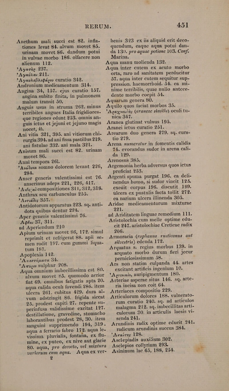 tiones levat 84. alvum movet 85. urinam movet $6. dandum potui in vulvae morbo 186. olfacere non alienum 112. ^Ayxvno 231. ' Ayyxós zi 211.  AyxyXoAsQáoos curatio 342. Andronium medicamentum 314. Angina 34, 157. ejus curatio 157. angina subito finita, in pulnonem malum transit 50. Amnguis usus in struma 262. minus terribiles angues Italia frigidiores- que regiones edunt 253. omnis an- guis ictus et jejuni et jejuno magis nocet, 2b. Ani vitia 321, 395. ani vitiorum chi- rurgia 394. ad ani fissa pastillus 219. ani fistulae 332. ani mala 321. Anisum mali succi est 82. urinam movet 86. Anni tempora 261. ' Ayd3wz somno dolorem levant 226, 284. Anser generis valentissimi est 76. anserinus adeps 221, 226, 417. ' Av/a: e compositiones 311, 312, 318. - Anthrax seu carbunculus 255. ! Ayrid2sg 351. Antidotorum apparatus 223. sq. anti- dota quibus dentur 224. - Aper generis valentissimi 76. A Qfai 31, 311. ad Aperiendum 210 Apium urinam movet 96, 173. simul reprimit et refrigerat 88. apii se- men rodit 197. cum gummi liqua- tum 187. A poplexia 142. Azorrüpava 35.  A«vgoy sulphur 208. Aqua omnium imbecillissima est. 80. alvum movet £5. quomodo acrior fiat 69. omnibus fatigatis apta 20. aqua calida oculi fovendi 286. item ulcera 261. cubitus 429. dura al- vum adstringit 86. frigida siccat 25. prodest capiti 27. repente su- perinfusa validissime excitat 127. destillatione, gravedine, stomacho laborantibus prodest 28, 30. item sanguini supprimendo 194, 919. aqua a ferrario fabro. 172. aqua le- vissima pluvialis, fontana, ex flu- mine, ex puteo, ex nive aut glacie 90. aqua, pro decocto, vel mixtura variorum cum aqua, — Aqua ex ver- 2 / 451 quendum, eaque aqua potui dan- da 130. pro aquae potione 103. Conf. Marina. Aqua manu molienda 132. Aqua inter cutem ex acuto morbo orta, raro ad sanitatem perducitur 51. aqua inter cutem sequitur sup- pression. haemorrboid. 54. ea mi- nime terribilis, quae nullo antece- dente morbo coepit 54. Aquarum genera 80. Aquilo quos faciat morbos 35. ' Aezacvou?ns (araneae similis) oculi tu- nica 347. Aranea glutinat vulnus 195. Aranei ictus curatio 251. Arearum duo genera 279. sq. cura- tio 279. Arena numeratur in fomentis calidis 74. evocandus sudor in arena cali- da 129. Arenosus 385. Argemonia herba adversus quos ictus proficiat 253. Argenti spuma purgat 196. ea deli- nendus bomo, si sudor vincit 125. exedit corpus 196. discutit 199. ulcera ex pustulis facta tollit 212. ea narium ulcera illinenda 305. Aridae medicamentorum mixturae 221. ad Ariditatem linguae remedium 111. Aristolochia cum melle optime edu- cit 247. aristolochiae Creticae radix 206. Armoracia (raphamus vrusticanus aut silvestris) edenda 172. Arquatus s. regius morbus 139. in arquato morbo durum fieri jecur perniciosissimum 58. excitant artificis ingenium 10. ' A gssuixóv, auripigmentum 180. Arteriae asperae situs 146. sq. arte- ria incisa non coit 64. Arteriaces compositio 229. Articulorum dolores 188. vulnerato- rum curatio 240. sq. ad articulos malagma 212. sq. imbecillitas arti- culorum 20. in articulis laesis vi- senda 241. Arundinis radix optime educit 241. radicum arundinis succus 384. ' Aexíens 128. Asclepiadis auxiium 302. Asclepios collyrium 293. Asininum lac 65, 188, 254. d.