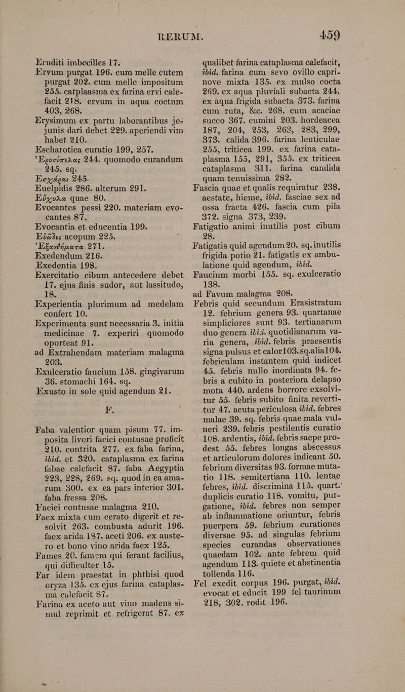 Eruditi imbecilles 17. Ervum purgat 196. cum melle cutem purgat 202. eum melle impositum 255. catplaasma ex farina ervi cale- facit 218. ervum in aqua coctum 403, 268. Erysimum ex partu laborantibus je- Junis dari debet 229. aperiendi vim habet. 210. Escharotica curatio 199, 257. ' EgucízsXas 244. quomodo curandum 245. sq. Ecxydoni 245. Euelpidis 286. alterum 291. EZxv»Azs quae 80. Evocantes pessi 220. materiam evo- cantes 87. Evocantia et educentia 199. E223: acopum 223. 'E£ovfaouuacu 21. Exedendum 216. Exedentia 198. Exercitatio cibum antecedere debet 17. ejus finis sudor, aut lassitudo, 18. Experientia plurimum ad medelam confert 10. Experimenta sunt necessaria 3. initia medicinae 7. experiri quomodo oporteat 91. ad Extrahendam materiam malagma 203. Exulceratio faucium 158. gingivarum 36. stomachi 164. sq. Exusto in sole quid agendum 21. E. Faba valentior quam pisum 77, im- posita livori faciei contusae proficit 210. contrita 277. ex faba farina, ibid. et 320. cataplasma ex farina fabae calefacit 87. faba Aegyptia 223, 228, 269. sq. quod in ea ama- rum 300. ex ea pars interior 301. faba fressa 208. Faciei contusae malagma 210. Faex mixta cum cerato digerit et re- solvit 263. combusta adurit 196. faex arida 197. aceti 206. ex auste- ro et bono vino arida faex 125, Fames 20. famem qui ferant facilius, qui difficulter 15. Far idem praestat in phthisi quod oryza 135. ex ejus farina cataplas- ma culefacit 87. Farina ex aceto aut vino madens si- mul reprimit et refrigerat 87. ex 159 qualibet farina eataplasma calefacit, ibid. farina cum sevo ovillo capri- nove mixta 135. ex mulso cocta 269. ex aqua pluviali subacta 244. ex aqua frigida subacta 373. farina cum ruta, &amp;c. 268. cum acaciae sueco 367. cumini 203. hordeacea 187, 204, 953, 262, 283, 299, 373. calida 396. farina lenticulae 255, triticea 199. ex farina cata- plasma 155, 291, 355. ex triticea cataplasma 311. farina candida quam tenuissima 282. Fascia quae et qualis requiratur 238. aestate, hieme, ibid. fasciae sex ad ossa fracta 426. fascia cum pila 372. signa 373, 239. Fatigatio animi inutilis post cibum 28. Fatigatis quid agendum 20. sq. inutilis frigida potio 21. fatigatis ex ambu- latione quid agendum, ibid. Faucium morbi 155. sq. exulceratio 138. ad Favum malagma 208. Febris quid secundum Erasistratum 12. febrium genera 93. quartanae simpliciores sunt 93. tertianarum duo genera ilii. quotidianarum va- ria genera, ibid.febris praesentis signa pulsus et calor103.sq.alia104. febrieulam instantem quid indicet 45. febris nullo inordinata 94. fe- bris a eubito in posteriora delapso mota 440. ardens horrore exsolvi- tur 55. febris subito finita reverti- tur 47. acuta periculosa ibid. febres malae 39. sq. febris quae mala vul- neri 239. febris pestilentis curatio 108. ardentis, ibid. febris saepe pro- dest 55. febres longas abscessus et articulorum dolores indicant 50. febrium diversitas 93. formae muta- tio 118. semitertiana 110. lentae febres, ibid. discrimina 115. quart. duplicis curatio 118. vomitu, pur- gatione, ibid. febres non semper ab inflammatione oriuntur, febris puerpera 59. febrium curationes diversae 95. ad singulas febrium species curandas observationes quaedam 102. ante febrem quid agendum 113. quiete et abstinentia tollenda 116. Fel exedit corpus 196. purgat, ibid. evocat et educit 199 fel taurinum 218, 302. rodit 196.