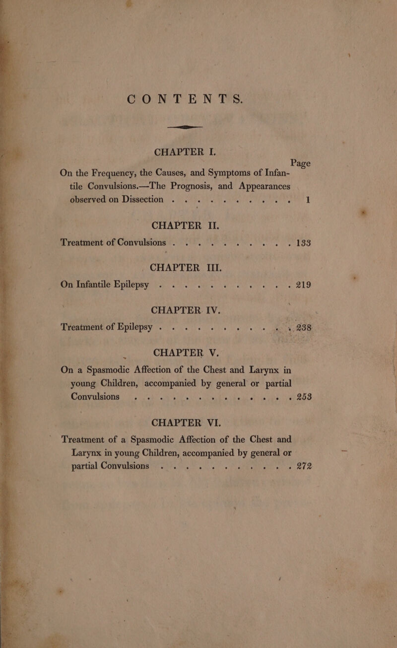 CONTENTS. CHAPTER I. | Page On the Frequency, the Causes, and Symptoms of Infan- tile Convulsions.—The Prognosis, and Appearances observed on Dissection CHAPTER II. Treatment of Convulsions . . 133 . CHAPTER III. eke yy : _ On Infantile Epilepsy y CHAPTER IV. Treatment of Epilepsy . ; a “1 288. q CHAPTER V. | On a Spasmodic Affection of the Chest and Larynx in young Children, accompanied by general or partial Convulsions Pee ae mee CHAPTER VI. Treatment of a Spasmodic Affection of the Chest and Larynx in young Children, accompanied by general or — ® e e 8 Cee ® partial Convulsions