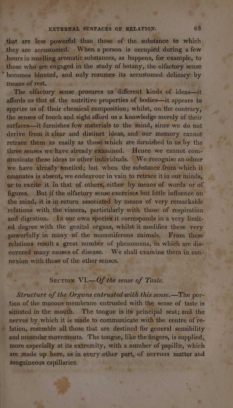 that are less powerful than those of the substance to which _they are accustomed. . When a person is occupiéd during a few hours in smelling aromatic substances, as happens, for example, to those who are engaged in the study of botany, the olfactory sense * becomes blunted, .and only resumes its accustomed delicacy by means of rest. , The olfactory sense procures us different hinds of ideas—it | affords us that of the nutritive properties of bodies—it appears to apprize us of their chemical composition; whilst, on the contrary, the senses of touch and sight afford us a knowledge merely of their surfaces—it furnishes few materials to the mind, since we do not derive from it clear and distinct ideas, and our memory cannot retrace them as easily as thosé which are furnished to us by the three senses we have already examined. Hence we cannot com- municate these ideas to other individuals. We recognise an odour we have already smelled; but when the substance from which it emanates is absent, we endeavour in vain to retrace it in our minds, | or to excite it in that of others, either by means of words or of figures. ‘But if the olfactory sense exercises but little influence on™ the mind, -it is in return associated by means of very remarkable relations with the viscera, particularly with those of respiration and digestion. In our own species it corresponds in a very limit- ed degree with the genital organs, whilst it modifies these very _powerfully in many of the mammiferous animals. -From these relations result a great number of phenomena, in which are dis- covered many causes of. disease. We shall examine &gt; them 1 In con- nexion with those of the other senses. 6 | Scorhee VI. —0f the sense of Taste. Structure of the Organs entr Eh with this sense. —The por- tion of the mucous membrane entrusted with the sense of taste is situated in the mouth. ‘The tongue is its principal seat; and the nerves by which it is made to communicate with the centre of re- » lation, resemble all those that are destined for general sensibility and muscular movements. The tongue, like the fingers, is supplied, more especially at its extremity, with a number of papillæ, which are made up here, as in à Pat of nervous matter and je RER capillaries. a Fig pa