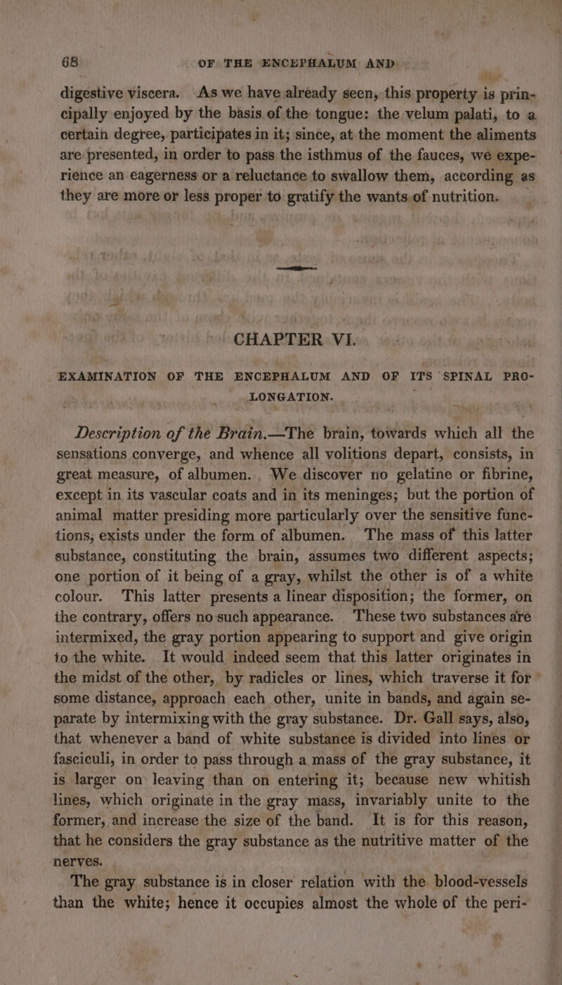 Shy digestive viscera. As we have already seen, this property is prin- cipally enjoyed by the basis of the tongue: the velum palati, to a certain degree, participates in it; since, at the moment the aliments are presented, in order to pass the isthmus of the fauces, we expe- rience an eagerness or a reluctance to swallow them, according as they are more or less proper to gratify the wants.of nutrition. CHAPTER VI. EXAMINATION OF THE ENCEPHALUM AND OF ITS SPINAL PRO- LONGATION. oe Description of the Brain.—The Bi towards which all the sensations converge, and whence all volitions depart, consists, in great measure, of albumen. . We discover no gelatine or fibrine, except in its vascular coats and in its meninges; but the portion of animal matter presiding more particularly over the sensitive func- tions; exists under the form of albumen. The mass of this latter substance, constituting the brain, assumes two different aspects; one portion of it being of a gray, whilst the other is of a white colour. This latter presents a linear disposition; the former, on the contrary, offers no such appearance. These two substances are intermixed, the gray portion appearing to support and give origin to the white. It would indeed seem that this latter originates in the midst of the other, by radicles or lines, which traverse it for” some distance, approach each other, unite in bands, and again se- parate by intermixing with the gray substance. Dr. Gall says, also, that whenever a band of white substance is divided into lines or fasciculi, in order to pass through a mass of the gray substance, it is larger on leaving than on entering it; because new whitish lines, which originate in the gray mass, invariably unite to the former, and increase the size of the band. It is for this reason, that he considers the gray substance as the nutritive matter of the nerves. The gray substance is in closer relation with the blood-vessels than the white; hence it occupies almost the whole of the peri-