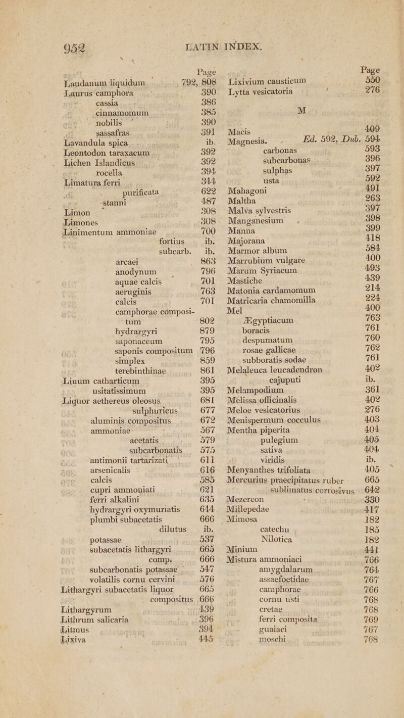 Laudanum liquidum. _ Laurus camphora cassia cinnamomum ~ nobilis sassafras pavandula spica Leontodon taraxacum Lichen Islandicus rocella Limatura ferri . - purificata -stanni . Limon ~ Limones Linimentum ammoniae arcael anodynum aquae calcis aeruginis calcis fum hydrargyri simplex Linum catharticum ' usitatissimum Liquor aethereus oleosus ammoniae acetatis arsenicalis calcis cupri ammoniati ferri alkalini potassae Lithargyrum Lithrum salicaria Litmus Lixiva 390 386 385 390 391 392 392 394. 344 622 487 308 700 ib. ib. 863 796 701 163 TOL 802 879 795 796 859 861 395 395 681 677 672 367 579 O75 611 616 385 621 635 644 666 ib. a7 665 666 547 276 665 666 439 396 394 445 Lixivium causticum Lytta vesicatoria M Macis Magnesia. - carbonas subcarbonas sulphas usta Mahagoni Maltha Malva sylvestris Manganesium Manna Majorana Marmor album Marrubium vulgare Marum Syriacum Mastiche Matonia cardamomum Matricaria chamomilla Mel /Egyptiacum boracis despumatum rosae gallicae subboratis sodae Melaleuca leucadendron cajuputi Melampodium Melissa officinalis Meloe vesicatorius Menispermum cocculus Mentha piperita pulegium sativa viridis Menyanthes trifoliata Mezereon Millepedae Mimosa catechu Nilotica Minium Mistura ammoniaci amygdalarum assaefoetidae camphorae cornu usti cretae ferri composita gualaci moschi