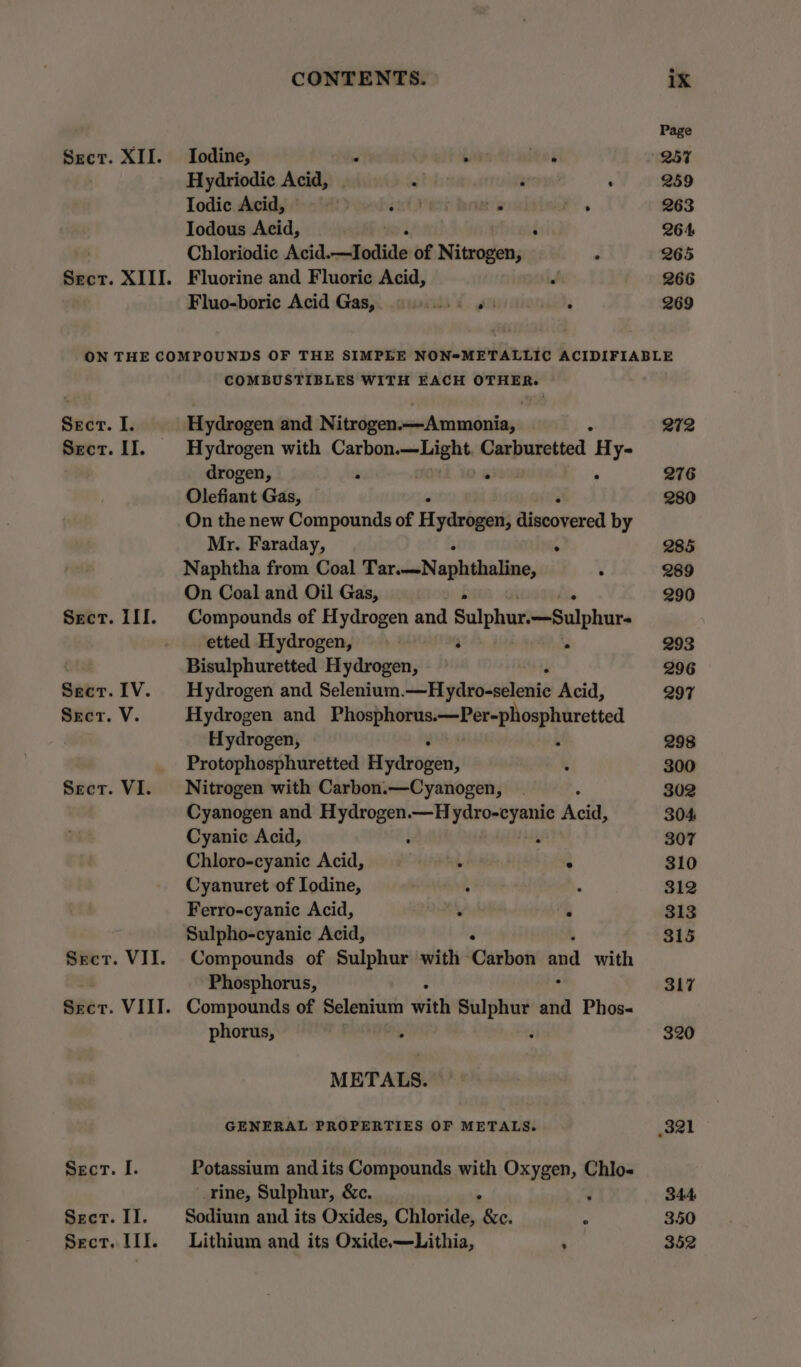 Sect. XII. Iodine, , Iodic Acid, . inf ute Iodous Acid, . Chloriodic Acid. ~oftidlide of Nitrogen, Sect. XIII. Fluorine and Fluoric Acid, Fluo-boric Acid Gas, 90.) as Sect. I. Hydrogen and Nitrogen.—Ammonia, drogen, . ° Olefiant Gas, Mr. Faraday, On Coal and Oil Gas, etted Hydrogen, ‘ Bisulphuretted Hydrogen, Hydrogen, Protophosphuretted Hyasopen; Sect. VI. Nitrogen with Carbon.—Cyanogen, Cyanic Acid, Chloro-cyanic Acid, Cyanuret of Iodine, ; Ferro-cyanic Acid, . Sulpho-cyanic Acid, . Phosphorus, phorus, . METALS. rine, Sulphur, &amp;c. Secr. II. Sodium and its Oxides, Chloride, wt Sect. III. Lithium and its Oxide.—Lithia, 272 276 280 285 289 290 293 296 297 298 300 302 304 307 310 312 313 315 317 320 344 350 352