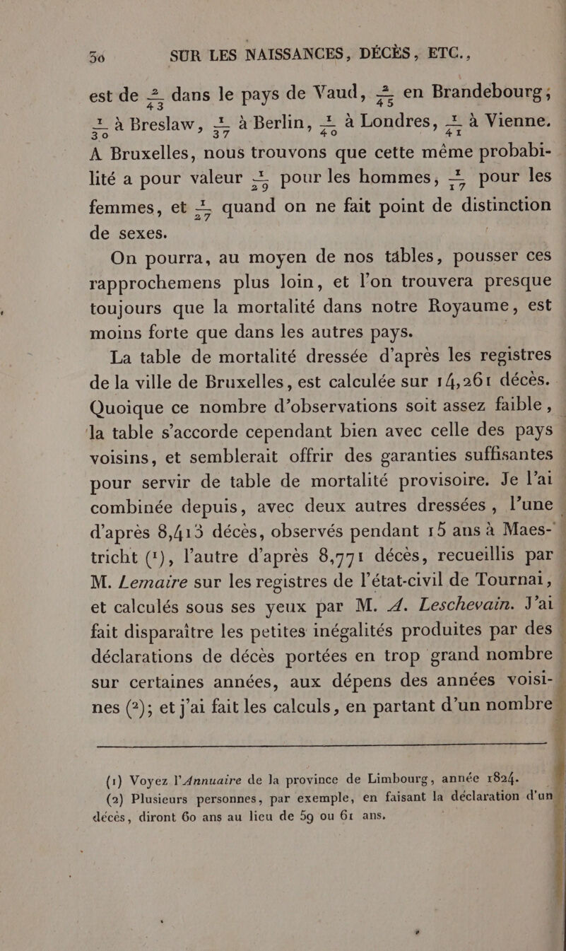 2 « T 3 , est de 2 dans le pays de \ aud, £ en Brandebourg; 2 à Breslaw, £ à Berlin, à Londres, : à Vienne. 30 37 40 41 A Bruxelles, nous trouvons que cette même probabi- E Le I lité a pour valeur + pour les hommes, + pour les femmes, et — quand on ne fait point de distinction de sexes. | On pourra, au moyen de nos täbles, pousser ces rapprochemens plus loin, et l’on trouvera presque toujours que la mortalité dans notre Royaume, est moins forte que dans les autres pays. | La table de mortalité dressée d’après les registres de la ville de Bruxelles, est calculée sur 14,261 déces. Ja table s'accorde cependant bien avec celle des pays pour servir de table de mortalité provisoire. Je l’ai combinée depuis, avec deux autres dressées , l’une d'après 8,413 décès, observés pendant 15 ans à Maes- et calculés sous ses yeux par M. A. Leschevain. J'ai fait disparaitre les petites inégalités produites par des déclarations de décès portées en trop grand nombre nes (2); et j'ai fait les calculs, en partant d’un nombre PR A NES SRE ONE A RE EEE CE ee CO OCT RON C6 NE DETTE CN J (1) Voyez l'Annuaire de la province de Limbourg, année 1824. (2) Plusieurs personnes, par exemple, en faisant la Énpns d'un décès, diront 60 ans au lieu de 59 ou 61 ans,