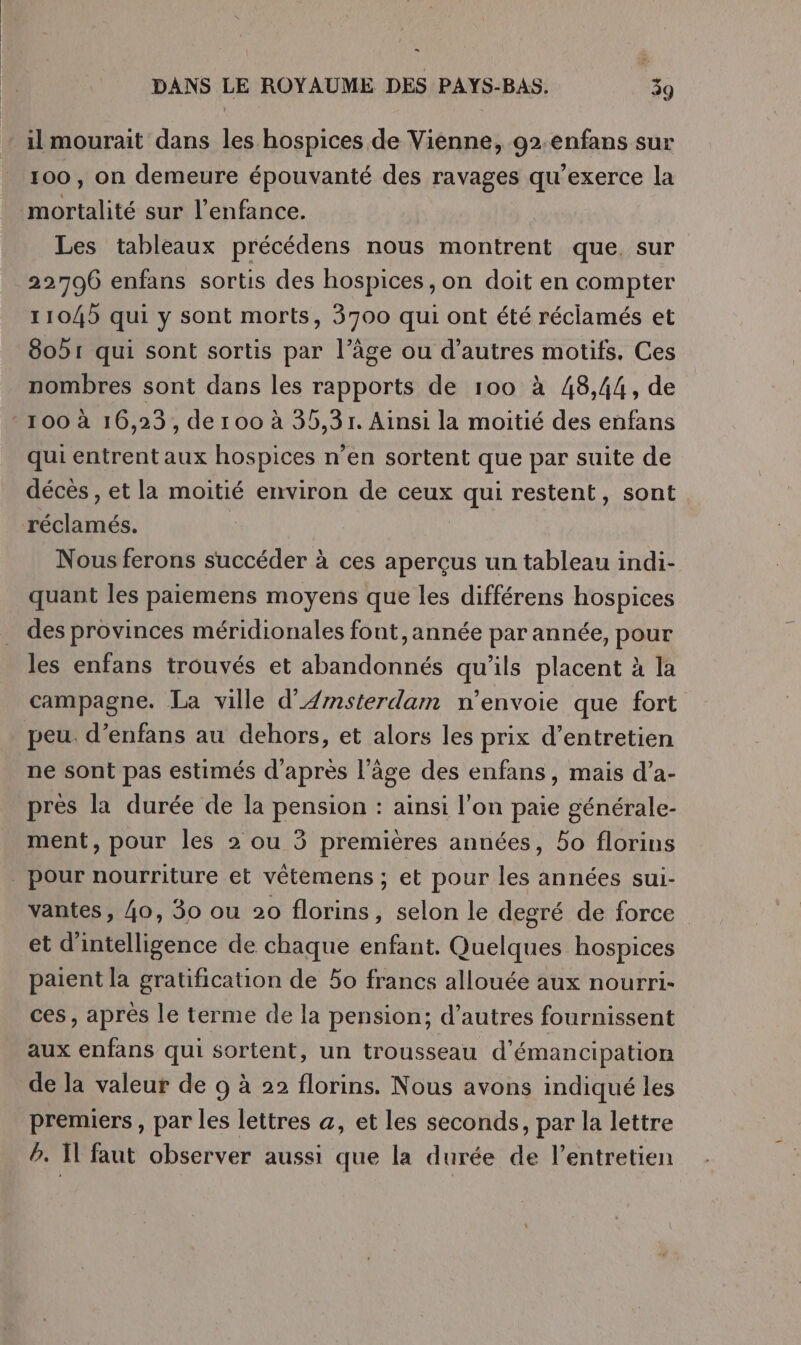 = DANS LE ROYAUME DES PAYS-BAS. 39 il mourait dans les hospices de Vienne, 92-enfans sur 100, on demeure épouvanté des ravages qu'exerce la mortalité sur l'enfance. Les tableaux précédens nous montrent que, sur 22706 enfans sortis des hospices ,on doit en compter 11045 qui y sont morts, 3700 qui ont été réclamés et 8051 qui sont sortis par l’âge ou d’autres motifs. Ces nombres sont dans les rapports de 100 à 48,44, de 100 à 16,23, der 00 à 35,3r. Ainsi la moitié des enfans qui entrent aux hospices n’en sortent que par suite de décès , et la moitié environ de ceux qui restent, sont réclamés. | Nous ferons succéder à ces aperçus un tableau indi- quant les paiemens moyens que les différens hospices des provinces méridionales font, année par année, pour les enfans trouvés et abandonnés qu’ils placent à la campagne. La ville d'Amsterdam n’envoie que fort ne sont pas estimés d'après l’âge des enfans, mais d’a- prés la durée de la pension : ainsi l’on paie générale- ment, pour les 2 ou 3 premières années, 50 florins vantes, 40, 30 ou 20 florins, selon le degré de force et d'intelligence de chaque enfant. Quelques hospices paient la gratification de 5o francs allouée aux nourri- ces, aprés le terme de la pension; d’autres fournissent aux enfans qui sortent, un trousseau d'émancipation de la valeur de 9 à 22 florins. Nous avons indiqué les premiers , par les lettres a, et les seconds, par la lettre b. Il faut observer aussi que la durée de l’entretien
