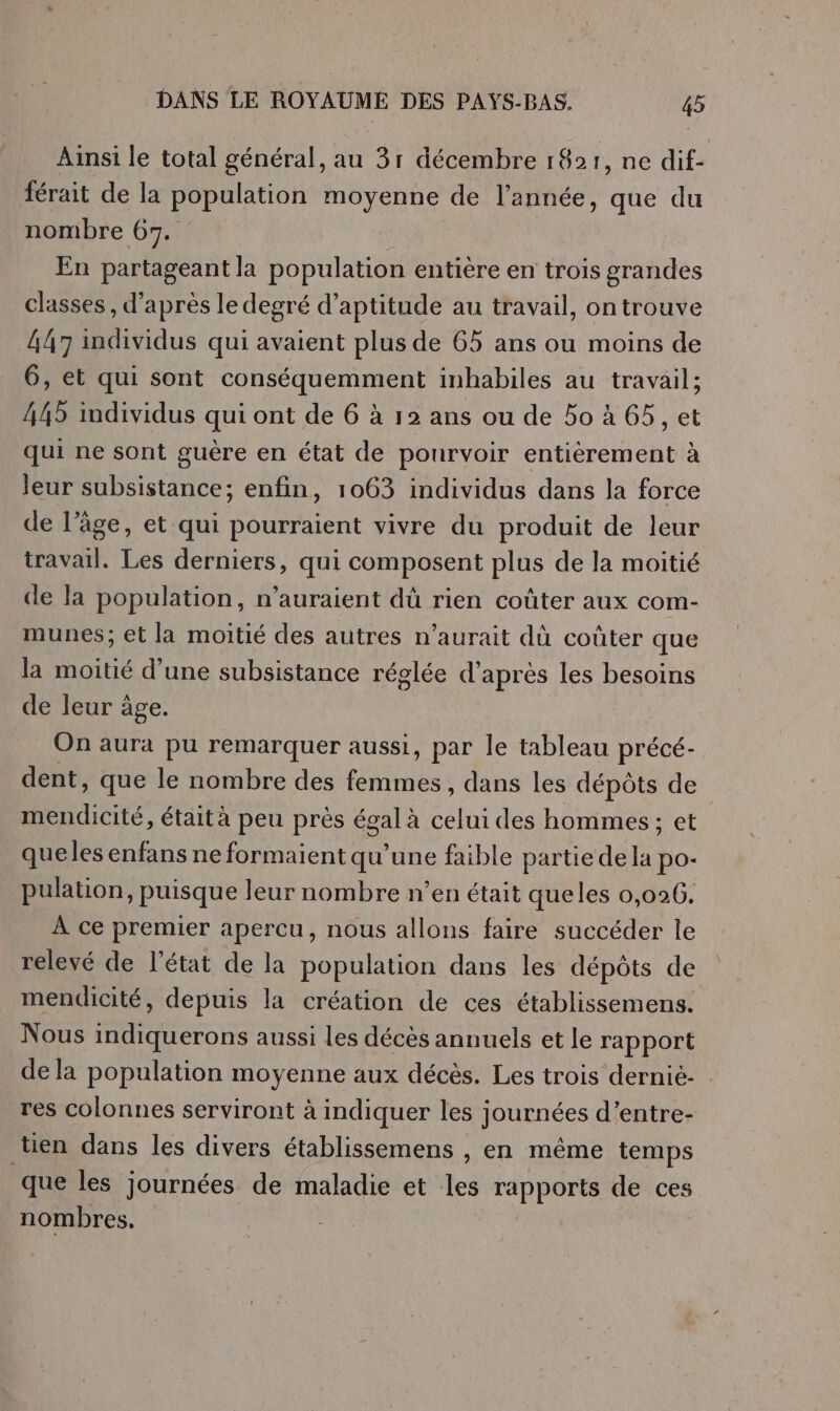 Ainsi le total général, au 3r décembre 1821, ne dif- férait de la population moyenne de l’année, que du nombre 67. En partageant la population entière en trois grandes classes , d’après le degré d'aptitude au travail, on trouve 447 individus qui avaient plus de 65 ans ou moins de 6, et qui sont conséquemment inhabiles au travail; 445 individus qui ont de 6 à 12 ans ou de 5o à 65, et qui ne sont guère en état de pourvoir entièrement à leur subsistance; enfin, 1063 individus dans la force de l’âge, et qui pourraient vivre du produit de leur travail. Les derniers, qui composent plus de la moitié de la population, n'auraient dû rien coûter aux com- munes; et la moitié des autres n'aurait dû coûter que la moitié d’une subsistance réglée d'après les besoins de leur âge. On aura pu remarquer aussi, par le tableau Druté. dent, que le nombre des TEEN dans les dépôts de ete était à peu près égal à ve des hommes; et queles enfans ne formaient qu’une faible partie de la po- pulation, puisque leur nombre n’en était que les 0,026. À ce premier apercu, nous allons faire succéder le relevé de l’état de la population dans les dépôts de mendicité, depuis la création de ces établissemens. Nous indiquerons aussi les décès annuels et le rapport de la population moyenne aux décès. Les trois dernié- res colonnes serviront à indiquer les journées d’entre- tien dans les divers établissemens , en même temps que les journées de maladie et les rapports de ces nombres.