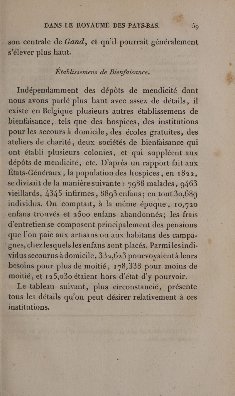 son centrale de Gand, et qu'il pourrait généralement s'élever plus haut. Etablissemens de Bienfaisance. Indépendamment des dépôts de mendicité dont nous avons parlé plus haut avec assez de détails, ül existe en Belgique plusieurs autres établissemens de bienfaisance, tels que des hospices, des institutions pour les secours à domicile, des écoles gratuites, des ateliers de charité, deux sociétés de bienfaisance qui ont établi plusieurs colonies, et qui suppléent aux dépôts de mendicité, etc. D’après un rapport fait aux États-Généraux, la population des hospices , en 1822, se divisait de la manière suivante : 7938 malades, 9463 vieillards, 4345 infirmes, 8893 enfans; en tout 30,689 individus. On comptait, à la même époque, 10,720 enfans trouvés et 2500 enfans abandonnés; les frais d'entretien se composent principalement des pensions que l'on paie aux artisans ou aux habitans des campa- gnes, chezlesquels les enfans sont placés. Parmilesindi- vidus secourus à domicile, 332,623 pourvoyaient à leurs besoins pour plus de moitié, 198,338 pour moins de moitié, et 125,030 étaient hors d'état d'y pourvoir. Le tableau suivant, plus circonstancié, présente tous les détails qu’on peut désirer relativement à ces insti{utions. eus La
