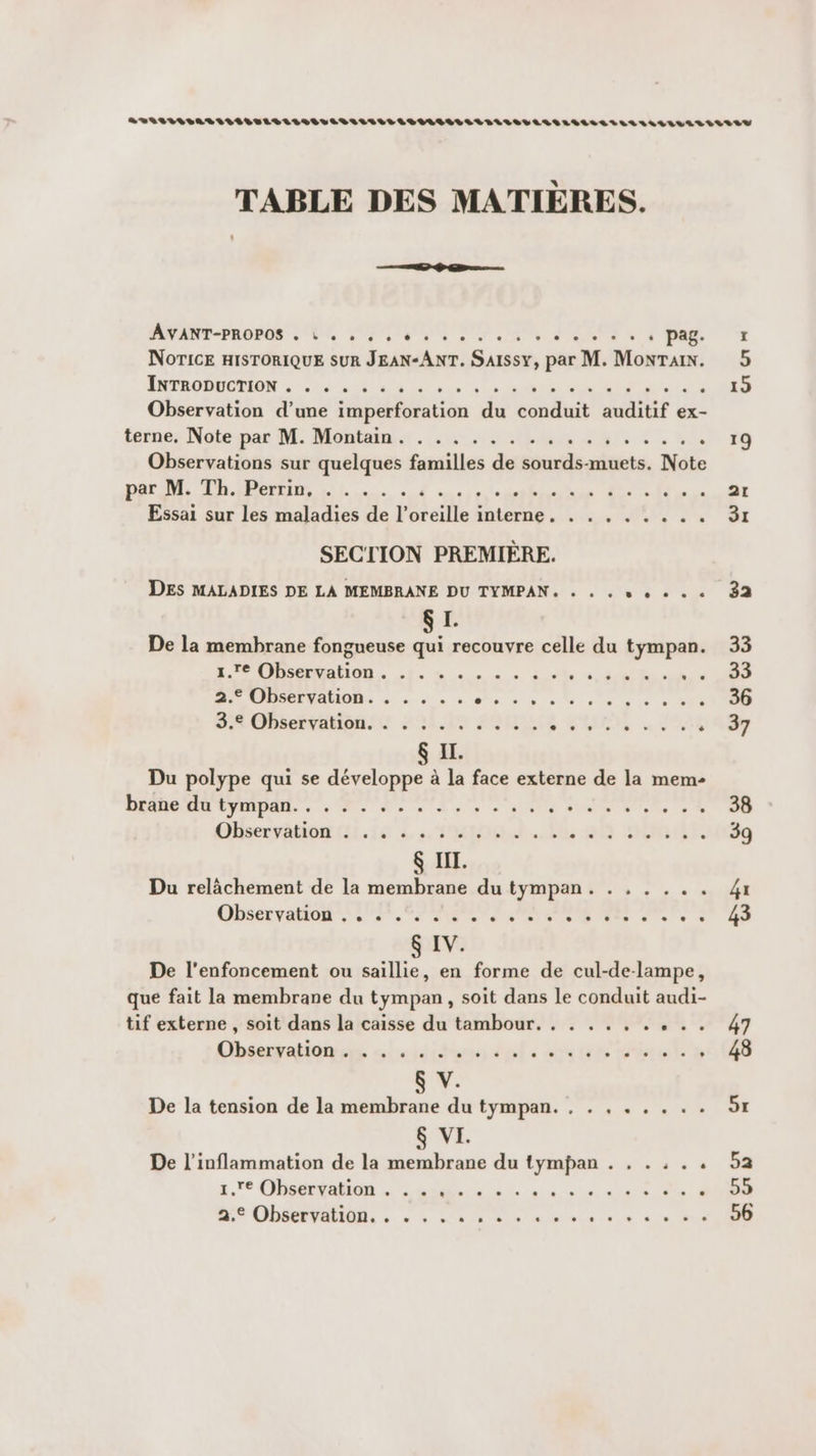 SOLLLITARILILUTLRILRILLLILILLÉLILELLELLLLOUELLOLLELLELELLLLIVILILELY TABLE DES MATIÈRES. NANT-PaDSs EN JOUER EE ARS 3 pag. 7 NOTICE HISTORIQUE SUR JEAN-ANT. Saissy, par M. MONTAIN. 5 PROD RON le CE Can à cn Be RÉ r EeE 19 Observation d’une imperforation du conduit auditif ex- terne: Noke-par M: Monkbain +. .6,.,.008 4806, 44 19 Observations sur quelques familles de sourds-muets. Note DRE D LL. on nn, ne 21 Essai sur les maladies de l'oreille interne. . . . . . . .. 31 SECTION PREMIÈRE. DES MALADIES DE LA MEMBRANE DU TYMPAN, « « . à + + « « 32 SI. De la membrane fongueuse qui recouvre celle du tympan. 33 RRQ, Es = nn « dotle 0 due Es TR 2.° Observation. . . . .. EP dr ire 36 8.4 Observation. : 1.19 720 BL ELUES A 37 &amp; II. Du polype qui se développe à la face externe de la mem- DO TPE ee de: N'y ee MC SUR Vote à À 38 Obeecr lb Le 2 20e EG HOUR 39 &amp; II. Du relâchement de la membrane du tympan. . , . ... 41 Ghserratoh 2 TT ANT Pa v + 0 S IV. De l'enfoncement ou saillie, en forme de cul-de-lampe, que fait la membrane du tympan, soit dans le conduit audi- tif externe , soit dans la caisse du tambour. . . . . . . LU | CObsatraitiens «ele sites del sou tie not 5 43 8 V. De la tension de la membrane du tympan. , . , . . . .. 5r &amp; VI. De l'inflammation de la membrane du tympan . . . .. : a 2.6 CES ARS Lu. ns rule de 4 55 CHR. ARS. SSSR 56