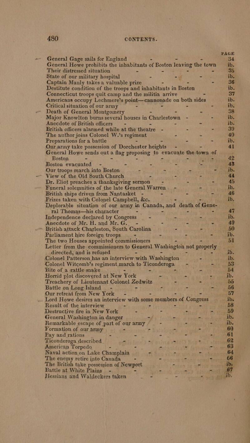 General Gage sails for England - - - General Howe prohibits the inhabitants of Boston leaving the town Their distressed situation - - . - State of our military hospital - <u ~ Captain Manly takes a valuable prize a Destitute condition of the troops and iahabitants in Borton Connecticut troops quit camp and the militia arrive = Americans occupy Lechmere’s point—cannonade on both sides Critical situation of our army - - . 4 Death of General Montgomery - - - Major Knowlton burns several houses in Charlestown - - Anecdote of British officers - ~ = - British officers alarmed while at the theatre - 5s r The author joins Colonel W.’s regiment - - Preparations for a battle - - - - Our army take possession of Dorchester heights - - General Howe sends out a flag proposing to evacuate the town of Boston - - = - - at tet Boston evacuated - = - - ‘= Our troops march into Boston = 5 % i View of the Old South Church - - sd Dr. Eliot preaches a thanksgiving sermon = - - - Funeral solemnities of the late General Warren - - British ships driven from Nantasket - - - - Prizes taken with Colonel Campbell, &c. - Deplorable situation of our army in Canada, and death ab Gene- ral Thomas—his character =. © - Independence declared by Congress = - = Anecdote of Mr. H. and Mr.G. - . - - ~ British attack Charleston, South Carolina - ~ Parliament hire foreign troops - - - - The two Houses appointed commissioners - - Letter from the commissioners to General Washington 395 properly directed, and is refused - - - Colonel Patterson has an interview with Washington - Colonel Witcomb’s regiment march to Ticonderoga - ~ Bite of a rattle snake. - > - Horrid plot discovered at New York - > - Treachery of Lieutenant Colonel Zedwitz = = Battle on Long Island = - - “ . Our retreat from New York - * . Lord Howe desires an interview with some .¢ members of Cong Sress Result of the interview - * - - Destructive fire in New York - r . ° General Washington in danger . - . Remarkable escape of part of ourarmy “— - > = Formation of our army” “ r é: Pay and rations - ~ - . Ticonderoga described a . 5 , American Torpedo - “ © q ¥ Naval action on Lake Champlain ~ . 7 4) The enemy retire into Canada - - - - The British take possession of Bewpont 4 - Battle at White Plains - , yt i Hessians and Waldeckers taken Bi 3 - -