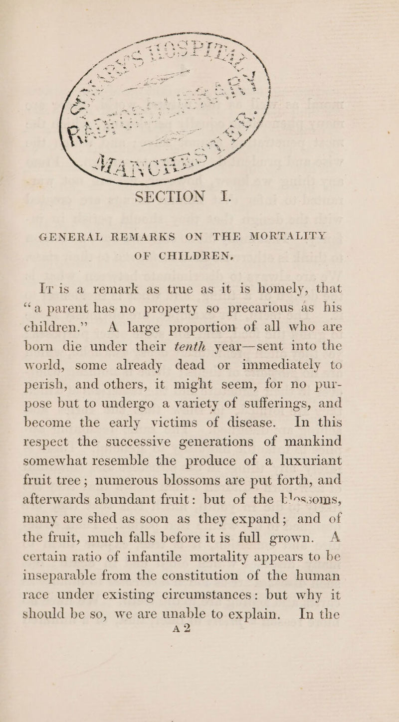GENERAL REMARKS ON THE MORTALITY OF CHILDREN, Ir is a remark as true as it is homely, that ‘“‘a parent has no property so precarious as his children.” A large proportion of all who are born die under their tenth year—sent into the world, some already dead or immediately to perish, and others, it might seem, for no pur- pose but to undergo a variety of sufferings, and become the early victims of disease. In this respect the successive generations of mankind somewhat resemble the produce of a luxuriant fruit tree; numerous blossoms are put forth, and afterwards abundant fruit: but of the b!ossoms, many are shed as soon as they expand; and of the fruit, much falls before itis full grown. A certain ratio of infantile mortality appears to be inseparable from the constitution of the human race under existing circumstances: but why it should be so, we are unable to explain. In the A2