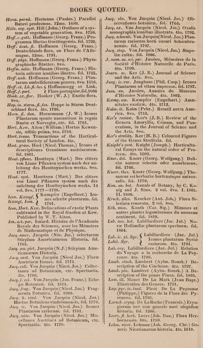 Herm. parad. Hermann (Pauluas.) Paradisi Batavi prodromus. 12mo. 1689. Hills. veg. syst. Hill (John.) Outlines of a sys- tem of vegetable generation. 8vo. 1758, Hoff.c. gott. Hoffmann (Georg. Franz.) Pro- gramma Hortus Goettingensis. fol. 1793. Hoff. deut. fl. Hoffmann (Georg. Franz.) Deutschlands flora, ou Flore de V’Alle- magne. 12mo. 1791. Hoff. phyt. Hoffmann (Georg. Franz.) Phyto- graphische Bletter. 8vo. Hoffm. salic. Hoffmann (Georg. Franz.) His- toria salicum iconibus illustro. fol. 1785. Hoff.wnb. Hoffmann (Georg. Franz.) Plan- tarum umbelliferarum genera. 8vo. 1816. . Hoff. et. Lk. fl. lus.§ Hoffmansegg .et Link. . Hoff. f. port. ; Flore portugaise.fol.1806 Hook. ex. flor. Hooker (W. J.) Exotic flora. 8vo. Hop. in. sturm. fl. fas. Hoppe in Sturm Deut- schland flora. 4to. 1798. Horn. fl. dan. Hornemann (J. W.) Icones Plantarum sponte nascentium in regnis Daniz et Norvegiz, etc. fol. 1761. Hort. Kew. Aiton ( William.) Hortus Kewen- sis, editio prima. 8vo. 1789. Hort. trans. Transactions of ,the Horticul- tural Society of London. 4to. Host. gram. Host (Nicol. Thomas.) Icones et descriptiones Graminum austriacorum. fol. 1801. Hout. pflanz. Houttuyn (Mart.) Des ritters von Linne Pflanzen system nach der an- leitung des Houttuynschen werks. 8vo. 1777. Hout. syst. Houttuyn (Mart.) Des ritters von Linné Pflanzen system nach der anleitung des Houttuynschen werks. ‘14 vol. 8vo. 1777 —1788. 4 | Kempfer (Engelbert.) Ico- ne ae? 4 Se eae Seeet: fol. empf, Icon. 1791. Icon. Hort. Kew. Delineations of exotic Plants cultivated in the Royal Garden at Kew. Published by W.T. Aiton. Isn. act. par. Isnard. Histoire de ’ Academie Royale des Sciences, avec les Mémoires de Mathematique et de Physique. Jacq.amer. Jacquin (Nic. Jos.) selectarum Stirpium Americanarum Historia. fol. 1763. Jacq. am. pict, Jacquin (N.J.) Surpium Ame- ricanarum Historia. Jacq. aust. Von Jacquin (Nicol Jos.) Flore Austriace Icones. fol. 1773. Jacq. coll. Von Jacquin (Nicol. Jos.) Collec- tanea ad Botanicam, etc. Spectantia. Ato. 1786. Jacq. f. ecl. Von Jacquin (Jos. Franc.) Eclo- ee Botanica. fol. 811. Jacq. frag. Von Jacquin (Nicol. Jos.) Frag- menta Botanica. fol. 1809. Jacq. h. vind. Von Jacquin (Nicol. Jos.) Hortus Botanicus vindobonensis, fol. 1770. Jacq. ic. Von Jacquin (Nicol. Jos.) Icones _ Plantarum rariorum, fol. 1781. Jacq. misc. Von Jacquin (Nicol. Jos.) Mis- cellanea Austriaca ad Botanicam, etc. Spectantia, 4to. 1778. Jacq. obs. Von Jacquin (Nicol. Jos.) Ob- servationes botanice. fol. 1764. Jacq. ox. Von Jacquin (Nicol. Jos.) Oxalis monographia iconibus illustrata. 4to. 1792. Jacq. schoenb. Von Jacquin( Nicol. Jos.) Plan- tarum rariorum horti cesari Schoenbru- nensis. fol. 1797. “4 Jacq. stap. Von Jacquin (Nicol. Jos.) Stape- liz culte. fol. 1806. J. mem. ac. sci. par. Jussieu, Mémoires de la Société d’Histoire Naturelle de Paris. Ato. 1799. Journ. sc. Ker (J. B.) Journal of Science and the Arts. 8vo. Jung. ic. rar. Junghans (Phil. Casp.) Icones Plantarum ad vitam impresse. fol. 1787. Juss. an. Jussieu, Annales du Museum d’Histoire Naturelle. 4to, 1802. Kaemp.am. Kempfer (Engelbert.) Ame- nitates exotica. 4to, 1712. Kalm. it. Kalm (Pehr.) Resatil norra Ame- rica. 8vo, 1753. Ker’s review. Ker’s (J.B.) Review of the Genera Amaryllis, Crinum, and Pan- cratium, in the Journal of Science and the Arts. Svo. Ker’s strelitz. Ker (H. B.) Coloured Figures of the Genus Strelitzia. fol. Knight’s prot. Knight (Joseph.) Horticaltu- ral Essays on the natural order of Pro- teex. 4to. 1809. Knor. del. Knorr (Georg. Wolfgang.) Deli- cie nature selecte oder auserlesene. fol. 1766. Knorr. thes.. Knorr (Georg. Wolfgang.) The- saurus rei herbariz hortensisque univer- salis. fol. 1770. Kon. an. bot. Annals of Botany, by C. Ko- nig and J. Sims. 2 vol. 8vo. I. 1805. IT. 1806. Krock., siles. Krocker (Ant. Joh.) Flora Si- lesiaca renovata. 2 vol. 8vo. Kth. mim. Kunth (Car. Sig.) Mimoses et autres plantes legumineuses du nouveau continent. fol. 1819. Lab. nov. hol. Labillardiere (Jac. Jul.) No- ve Hollandie plantarum specimen. fol. 1804. ’ _» € Labillardiere (Jac. Jul. Tagen Syr § Icones plantarum swe ; rariorum. 4to. 1791. Lab. voy. Labillardiere (Jac. Jul.) Relation du Voyage a la recherche de La Pey- rouse. 4to. 1798. Lamb. cinch. Lambert (Aylm. Bourk.) De- scription of the Cinchona. 4to. 1797. Lamb. pin. Lambert (Aylm. Bourk.) A De- scription of the genus Pinus. fol. 1803. Lam, ill. Monet De La Mark (Jean Bapt.) Illustration des Genres. 1791. Lap. pyr. ic.ined. Picot De La Peyrouse (Philippe.) Figures de la Flore des Py- renees. fol. 1795. Laroch. eryng. De La Roche ( Francois.) Eryn- giorum nec non generis novi alepidez historia. fol. 1808. Leers. fl. herb. Leers (Joh. Dan.) Flora Her- bornensis. Svo. 1789. Lehm. nicot. Lehman (Joh. Georg. Chr.) Ge- neris Nicotianarum historia, 4to. 1818.