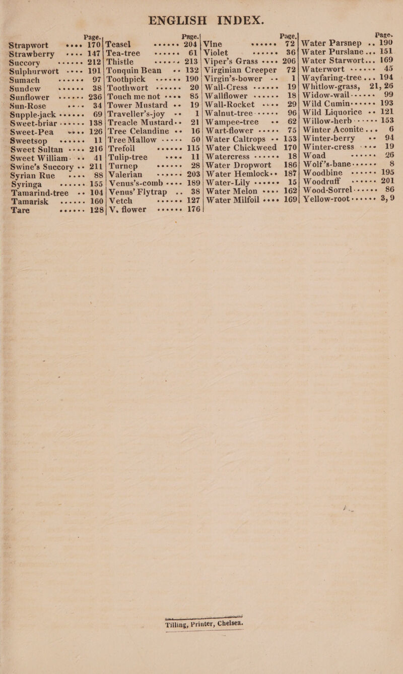Strapwort ooo Strawberry Succory Sulphurwort -+-- ~ Sumach Sundew - Sunflower Sun-Rose Supple-jack +--+. Sweet-briar ---+--- Sweet-Pea Sweetsop Sweet Sultan Sweet William: +. Swine’s Succory -- Syrian Rue eavecoeere eoskcd we ee wmeoseeed seee eeeon Syringa seeees Tamarind-tree -- Tamarisk «---+- Yare eeevoes Page. 170 147 212 191 97 38 236 34 69 138 126 11 216 Al 211 88 155 104 160 128 Page. Teasel eoccee 204 Tea-tree --ecee 61 Thistle coeers 213 Tonquin Bean «+ 132 Toothpick --+-++ 190 Toothwort -eese- 20 Touch me not «see 85 Tower Mustard -- 19 Traveller’s-joy -* 1 Treacle Mustard-- 21 Tree Celandine «+ 16 Tree Mallow ----+ 50 Trefoil csccoe 115 Tulip-tree cooe LI Turnep eocese 28 Valerian severe 203 Venus’s-comb «-«-- 189 Venus’ Flytrap .. 38 V. flower eee Page, Vine eoaoce 72 Violet cocccoe 36 Viper’s Grass «eee 206 Virginian Creeper 72 Virgin’s-bower -- 1 Wail-Cress --+ee- 19 Wallflower .--..- 18 Wall-Rocket -+«+- 29 Walnut-tree---+-+ 96 Wampee-tree -+ 62 Wart-flower 75 Water Caltrops -+ 153 Water Chickweed 170 Watercress -- 18 Water Dropwort 186 Water Hemlock-+ 187 Water-Lily ««se+* 15 Water Melon «+++ 162 Page. Water Parsnep .. 190 Water Purslane... 151 Water Starwort... 169 Waterwort ------ 45 Wayfaring-tree... 194 Whitlow-grass, 21, 26 Widow-wail 99 Wild Cumin:-+-+++ 193 Wild Liquorice -+ 121 Willow-herb :----++ 153 Winter Aconite... 6 Winter-berry -+- 94 Winter-eress :*+- 19 Woad eeoces Q6 Wolf’s-bane.----- 8 Woodbine -++-++ 195 Woodruff -+++-++ 201 Wood-Sorrel:---++ 86