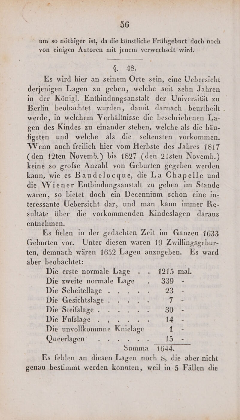 36 um so nöthiger ist, da die künstliche Frübgeburt doch noch von einigen Autoren mit jenem verwechselt wird. $7 728, Es wird hier an seinem Orte sein, eine Uebersicht derjenigen Lagen zu geben, welche seit zehn Jahren in der Königl. Enibindungsanstalt der Universität zu Berlin beobachtet wurden, damit darnach beurtheilt . werde, in welchem Verhältnisse die beschriebenen La- gen des Kindes zu einander stehen, welche als die häu- figsten und welche als die seltensten vorkommen. Wenn auch freilich hier vom Herbste des Jahres 1817 (den 12ten Novemb.) bis 1827 (den 2!sten Novemb.) keine so grolse Anzahl von Geburten gegeben werden kann, wie es Baudelocque, die La Chapelle und die Wiener Entbindungsanstalt zu geben im Stande waren, so bietet doch ein Decennium schon eine in- teressante Uebersicht dar, und man kann immer Re- sultate über die vorkommenden Kindeslagen daraus entnehmen. Es fielen in der gedachten Zeit im Ganzen 1633 Geburten vor. Unter diesen waren 19 Zwillingsgebur- ten, demnach wären 1652 Lagen anzugeben. Es ward aber beobachtet: Die erste normale Lage . . 1215 mal. Die zweite normale Lage . 339 - Die Scheitellage . . . . . AEG Die Gesichtslage . . . . . 7 - PIE SSTETIR LER en rede 30 - Dre-imisiagen 2,0 0. De, 14 - Die unvollkommne Knielage BR: UOnepdlaeent = 2807 N N 15.0 Summa 1644. Es fehlen an diesen Lagen noch 5, die aber nicht genau bestimmt werden konnten, weil ın 5 Fällen die