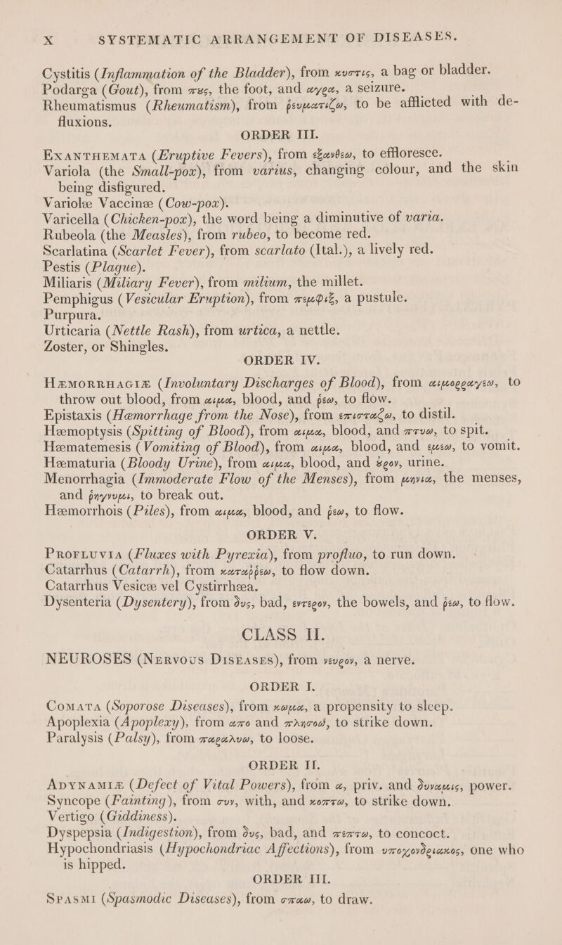 Xx SYSTEMATIC ARRANGEMENT OF DISEASES. Cystitis (Inflammation of the Bladder), from xvers, a bag or bladder. Podarga (Gout), from ws, the foot, and wyex, a seizure. Rheumatismus (Rheumatism), from psveariZa, to be afflicted with de- fluxions. ORDER III. ExantHemata (Eruptive Fevers), from sevbew, to effloresce. Variola (the Small-pox), from varius, changing colour, and the skin being disfigured. Variolee Vaccine (Cow-pozx). Varicella (Chicken-pox), the word being a diminutive of varia. Rubeola (the Measles), from rubeo, to become red. Scarlatina (Scarlet Fever), from scarlato (Ital.), a lively red. Pestis (Plaque). Miliaris (Miliary Fever), from milium, the millet. Pemphigus (Vestcular Eruption), from wee9sZ, a pustule. Purpura. Urticaria (Nettle Rash), from urteca, a nettle. Zoster, or Shingles. ORDER IV. Hamorruacif (Involuntary Discharges of Blood), from a:mogeuyen, to throw out blood, from ame, blood, and jew, to flow. Epistaxis (Hemorrhage from the Nose), from erred, to distil. _ Heemoptysis (Spitting of Blood), from «ma, blood, and zzv#, to spit. _ Heematemesis (Vomiting of Blood), from ama, blood, and ew, to vomit. Hematuria (Bloody Urine), from aime, blood, and ggoy, urine. Menorrhagia (Immoderate Flow of the Menses), from pnviz, the menses, and payvoes, to break out. Heemorrhois (Piles), from e:eea, blood, and few, to flow. ORDER V. ProrLuvia (Fluxes with Pyrexia), from profluo, to run down. Catarrhus (Catarrh), from xareppew, to flow down. Catarrhus Vesice vel Cystirrheea. Dysenteria (Dysentery), from dvs, bad, evregov, the bowels, and pew, to flow. CLASS II. NEUROSES (Nervous Diseasss), from vévgov, a nerve. ORDER I. Comarta (Soporose Deseases), from xaux, a propensity to sleep. Apoplexia (Apoplexy), from avo and xancod, to strike down. Paralysis (Palsy), from ragzavw, to loose. ORDER II. ApyNaAmif (Defect of Vital Powers), from «, priv. and duyess, power. Syncope (Faznting), from coy, with, and xorrm, to strike down. Vertigo (Geddiness). Dyspepsia (Indigestion), from dvs, bad, and wexrw, to concoct. Hypochondriasis (Hypochondriac Affections), from vroxyovderaxos, one who is hipped. ORDER III. SpasMi (Spasmodic Diseases), from craw, to draw.