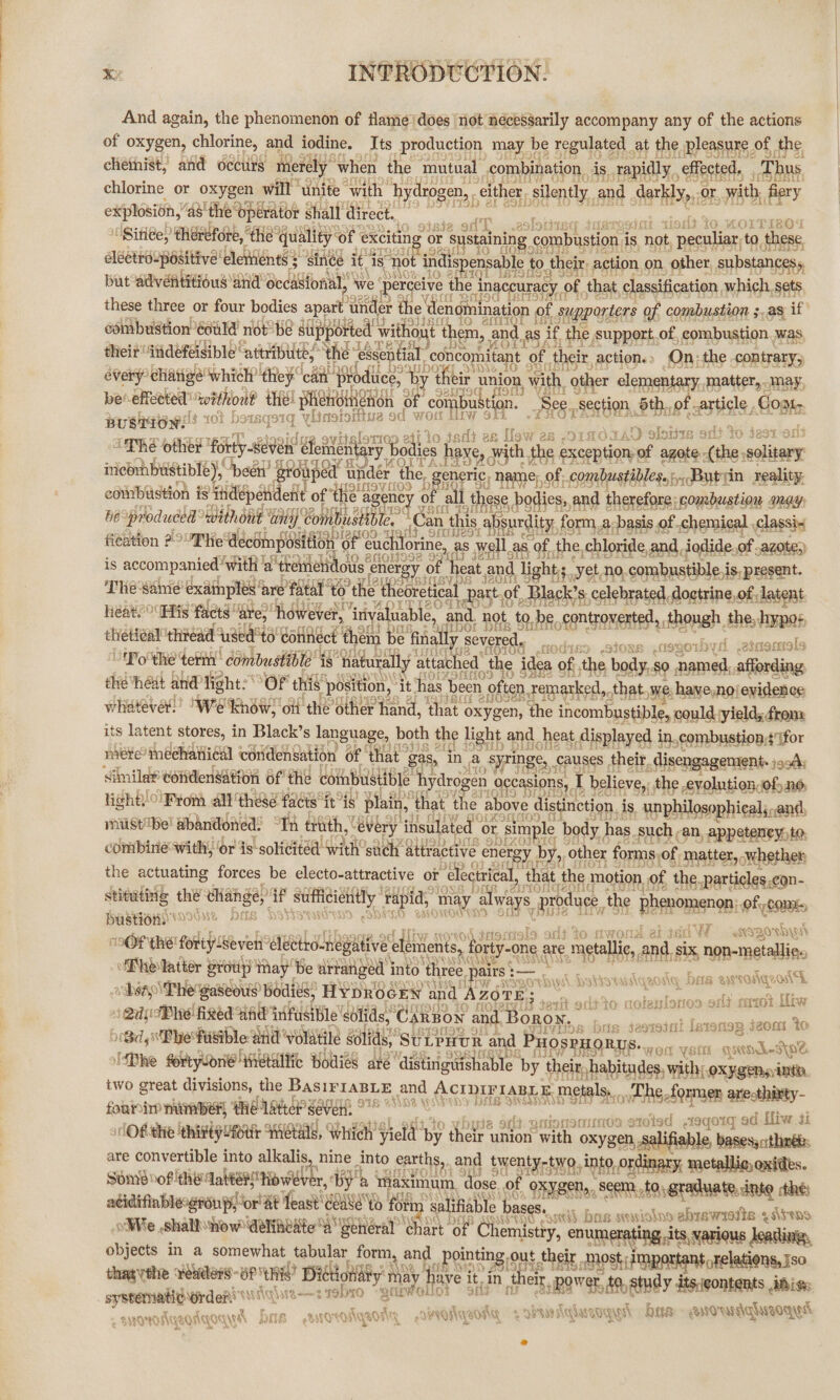 And again, the phenomenon of flame! does ‘not nécessarily accompany any of the actions of oxygen, chlorine, i iodine. Its production may be regulated . at the pleasure of the chéihist, and occurs mer ely when the ‘mutual combination, is. rapidly, effected, Thus chlorine or oxygen will ‘unite with» hydrogen, -either, silently, and darkly, or, with, { fiery explosion, as'the operator — direct. at to 9igt2 fT St at sisdt lo worTia084 “'Sinee,’ therefore, * He qua ting or sustaining. mbustion  not, ‘peculiar, to these cléetroupésitive elements + Tot indispensabl o their action on. other, substancess, but adventitious and Be dlafbai ns ‘perceive the _inaceu rac cy, of. that, classification, which sets these three or four bodies apart “inde the ‘denomination o of supporters of combustion ;,as if combustion éauld not be Suipp dtted v a hout them, a and. as as if ‘the, support.of, combustion was theif iidefeisible “attributes the “es sential concomita ant of. their, action. On: the, contrary, every eliatige which? they ca fe ii produce, ‘byt y their union, with, _ other elementary, matter, .may, be’ effected without pe sh of combustion. ‘See. Section Oth. of article, Sate he grioo ati to sedi ae Mew as O1m01A0 obits The other ‘forty-weven ¢ é femientary Bodies h hove, with. the exception of azote (the. solteerr inebrhbustible), seat os wed Hf Bae Gh th he, gen ric, name; of: .c mbustibles.§,.Butyin reality, coinbustion is thdépen efit f igaage? 2 3 yf Fall these bodies, and therefore: combustion sag, Sf be: ‘produced ‘without “ante con uatible. -C Gan this absurdity, form. a a-basis of chemical Classix fieation 22°91 Hes ‘decompositi Buty 1s One ilorine, as well as of. the, chloride, and, djodide., of -azote;) is accompanied ‘with 'a themehidous energ y of ‘heat and ligh ty yet no. combustible.is, present. The same’ éxainples ‘are fatat to the theoretical 25 p ack’s celebrated, doctrine, of latent heats Hiis facts a e; however, iriva luable, and. ot. to. be. controverted, though. the, hypos, eheticnl crt ‘to Connect them be finally severed, ; snodiso .stoxs .tegorbyd ,etaemals SURO the’ tet ‘combustible t is ‘haturally attached ‘the idea ¢ of the body, $0 $0 named, affording the heat and light: SOF this position, lt has been often. rap aaked haba have,no/evidence whatever!’ We ‘khow; ‘ott the other hand, that oxyg gen, the incombustible, could yield; fronx its latent stores, in Black’s language, both the light and heat, displayed i in,combustion;$ ifor meéxe? meehaniéal condensation of ‘that i as ina ‘syringe, causes their. disengagement. jovA Similar coi fidensation of the combustit “hydrogen aecasions,, I believe, the YOM en doh am light! From all these facts itis plain, that: the above fen ane ee es mustibe! abandoned: “Th trath, every Roan or si ‘sim combine: with, or is-solicitéd with’ stich at 3h on, of the peter el stituting the change,’ a -sifcety | rap id, hay. ape prod tuce, the phenomenon: of PASHIGHN O02 DMS s Sheng 2 COM, tri9cn9l9 orld to mwoos ef isch VE 98 2orehys\ 3a be ceed aes ‘fort ty. ne are re metal and. six ‘non-metallic. Ag Has asrodqeot too alt oxtot Liw Disk 4 A SKA S sl qe rit ot it to corersl ‘esi: Bist stats tin cia ey iy aise Nog bus dzoreiat Istertop seomt to OrBid,i\Phe faible: and ‘volatile solids, Sui LPHUR and Pu he, ee DT RE wort YEN qoaod-dNpe. IDhe fortyvorie ietullic Bodies aré “distinguishable by their, habitudes, with; oxygens int. two great divisions, the Bas1r1aABLE ane and _ ACIDIFIABLE, metals,..... 7 ‘he former ares foninire nhiinber, HE Latter seve 91° thixty- . € Qt wottsl bute ont. gnionamimnoa stoted .teqo1g ad fiw. ti Ofthe thirty Hott ameials, Whi eit by their union with oxygen, salifiable, bases;::thnée: are convertible into er into earths  and San I-two. into, ordinary, metallic, oxides. Son vof ‘theater however, By he imaximum, dose. of oxygen, se em, to, graduate, into ithe: atidifinble: group, ite east BONeND form. salifiable bas Ath aries PRES casted bas s dt abrswiatis ¢ Aveos oWe .shalbhow detineate 4 General Chart of Chemistry, enumerating its, various leading objects in a somewhat tabular form, and Pointing out thei ae f Wi AGITTS NeTos Bost i nt relations, Iso that ythe ener BP UY Didtiondty m AN ve it,in we ‘ RARE ystematic orden gyesienogg— 2 TADYO mule Wollot sit pa Rove, fpamdy itsigontents Abies S$ ¥' | Sains yoda 3 abrardalagogisl Hara: - euoradalwsogyst ayrorosiqaonqogyys DMB 2 soraiqaodg a owVaHqaosig 4 o8 dronslelseagny y