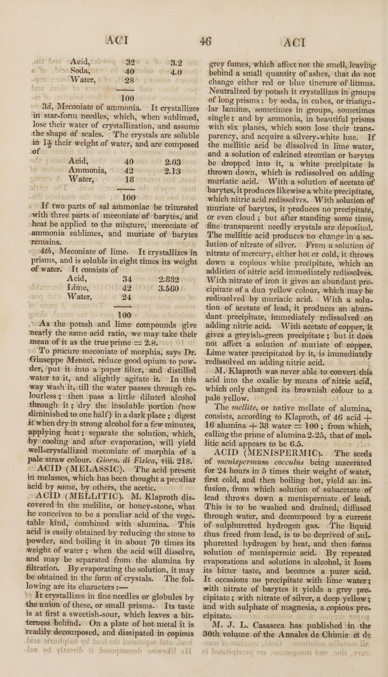 f Aveid,' 32% BiB 96 Soday: AQ 4.0 ‘Water, 128 100 ©) 3d, Meconiate of ammonia. It crystallizes im’ star-form ‘needles, which, when sublimed, lose their water of crystallization, and assume the shape: of scales. The crystals are soluble in’ 1} their weight of water, and are composed sof | ) | Acid, 49 2.03 » Ammonia, 42 2.13 Water, 18° | 100 » Ef two parts of sal ammmoniac be triturated «with three parts. of ‘meconiateofbarytes; and heat be applied to the mixture;’ meconiate ‘of ammonia sublimes, and muriate of barytes remains. | ft POpBy 04th, Meconiate of lime. It crystallizes in prisms, and is soluble in eight times'its weight of water! -It consists’ of | Acid, 34 2.882 - Lime, 42 3.560 Water, 24 100 “sAsothe potash and lime’ compounds give nearly the same acid ratio, we may take their mean of it as the true prime = 2.8; ies &gt;. ‘Po procure meconiate of morphia; says Dr. ‘Giuseppe Meneci, reduce good opium to pow- der, ‘put’ it: into a paper filter, “and” distilled ‘water tovit, and slightly agitate it: In this ‘way wash it, till the water passes through co- lourless3&gt;:then ‘pass ‘a little diluted alcohol ‘through it ;\dry the insoluble portion ‘(now diniinished to one half) in a dark place ; digest at;when dry:in strong alcohol for a few minutes, applying heat; separate the solution, which, ‘by cooling and after evaporation, will yield wellscrystallized meconiate of morphia of a pale straw colour. Giorn. di Fisica, viii. 218. » ACID (MELASSIC). The acid present in melasses, which has been thought a peculiar acid by some, by others, the acetic. ACID (MELLITIC). M. Klaproth dis. covered in the melilite, or honey-stone, what he conceives to be a peculiar acid of the vege. table kind, combined with alumina. . This acid is easily obtained by reducing the stone to powder, and boiling it in about 70 times its weight of water ; when the acid will dissolve, and may be separated from the alumina by filtration. By evaporating the solution, it may ‘be obtained in the form of crystals. The fol- lowing are its characters :-— io It crystallizes in fine needles or globules by theunion of these, or small prisms.: ‘Its taste is at first a sweetish-sour, which leaves Ja bits terness ‘behind.’ On a plate of hot:metal it is readily:decomposed, and dissipated in copious DISH Winnie Wo Geol ood bsistanse bas bes Te om | fev. ae f y if Dewees ri Miers 7a}, wit pore dy ie Qian {MOI90 2EWISY HY ACI grey fumes, which affect not the smell; leaving behind a small quantity of ashes, that do not change either red or blue tincture of litmus. Neutralized by potash it crystallizes in groups of long prisms: by soda, in cubes, or triangu- lar laminz, sometimes in groups, sometimes single; and by ammonia, in beautiful prisms with six planes, which soon lose their trans- parency, and acquire a silvery-white hue. If the mellitic acid be dissolved in lime water, and a solution of calcined strontian or barytes be dropped’ into it, a white precipitate” is thrown down, which is redissolved on adding muriatic acid. With a solution of acetate of which nitric acid redissolves. With solution of or even cloud ; but after standing some time, fine'transparent needly crystals are deposited. The mellitic acid produces no change'in'a so- lution of nitrate of silver.’ From a solution of nitrate of mercury, either hot or cold, it throws down a copious white precipitate, which an addition of nitric acid immediately redissolves. With nitrate of iron it gives an abundant pre. cipitate of a dun yellow colour, which may be redissolved ‘by muriatic acid. © With a solu- tionof acetate of lead, it produces an abun dant) precipitate, immediately redissolved ‘on adding nitric acid. “With acetate of copper, it gives a greyish-green precipitate ; but it does not affect a solution of muriate of: copper. redissolved on adding nitric acid. © | q acid into the oxalic by means of nitrie acid, which only changed its brownish colour to a pale yellow. | LEAD The mellite, or native mellate of alumina, consists, according to Klaproth, of 46 acid + 16 alumina ++ 38 water = 100; from which, calling the prime of alumina 2.25, that of mele litic acid appears to be 6.5. Meciw: piss ACID (MENISPERMIC).. The seeds of mmenispermum cocculus being macerated for 24 hours in 5 times their weight of water, first cold, and then boiling hot, yield:an in. fusion, from which’ solution of subacetate:of lead throws. down a menispermate.of lead This is to be washed and drained; diffused through water, and decomposed by’a current of ‘sulphuretted hydrogen gas. ©The ‘liquid thus freed from lead, is to be deprived of sul- phuretted hydrogen by heat, and then forms solution of menispermic acid. By repeated evaporations and solutions in alcohol, it loses its bitter taste, and becomes a puyer acid. It occasions no precipitate with lime: waters with nitrate of barytes it yields a grey »pre- cipitate ; with nitrate of silver, a deep yellows and with sulphate of magnesia, a copious pre- cipitate. i FRY M. J. L. Casaseca has published ‘in. the 30th volume: of the Annales de Chimieét de POs ys ff = oP are