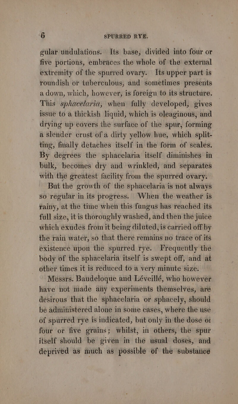 gular undulations. Its base, divided into four or five portions, embraces the whole of the external extremity of the spurred ovary. Its upper part is roundish or tuberculous, and sometimes presents a down, which, however, is foreign to its structure. This sphacelaria, when fully developed, gives issue to a thickish liquid, which is oleaginous, and drying up covers the surface of the spur, forming a slender crust of a dirty yellow hue, which split- ting, finally detaches itself in the form of scales. By degrees the sphacelaria itself diminishes in bulk, becomes dry and wrinkled, and separates with the greatest facility from the spurred ovary. But the growth of the sphacelaria is not always so regular in its progress. When the weather is rainy, at the time when this fungus has reached its full size, it is thoroughly washed, and then the juice which exudes from it being diluted, is carried off by the rain water, so that there remains no trace of its existence upon the spurred rye. Frequently the body of the sphacelaria itself is swept off, and at other times it is reduced to a very minute size. ‘Messrs. Baudeloque and Léveillé, who however have not made any experiments themselves, are -désirous that the sphacelaria or sphacely, should be administered alone in some cases, where the use of spurred rye is indicated, but only in the dose or four or five grains; whilst, in others, the spur itself should be given in the usual doses, and deprived as much as possible of the substance