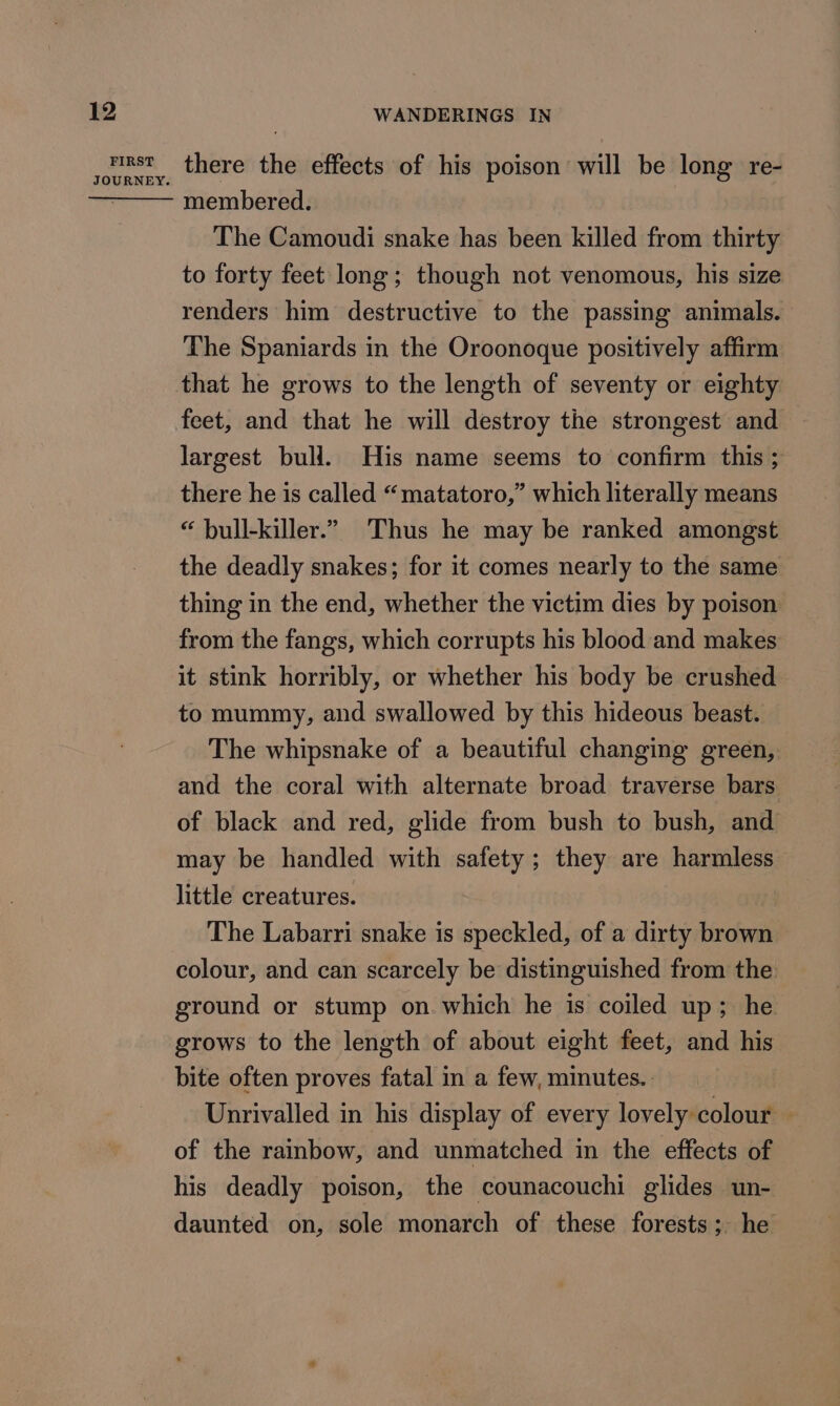 FIRST JOURNEY. there the effects of his poison will be long re- membered. The Camoudi snake has been killed from thirty to forty feet long; though not venomous, his size renders him destructive to the passing animals. The Spaniards in the Oroonoque positively affirm that he grows to the length of seventy or eighty feet, and that he will destroy the strongest and largest bull. His name seems to confirm this ; there he is called “matatoro,” which literally means “ bull-killer.”. Thus he may be ranked amongst the deadly snakes; for it comes nearly to the same thing in the end, whether the victim dies by poison from the fangs, which corrupts his blood and makes it stink horribly, or whether his body be crushed to mummy, and swallowed by this hideous beast. The whipsnake of a beautiful changing green, and the coral with alternate broad traverse bars of black and red, glide from bush to bush, and may be handled with safety ; they are harmless little creatures. The Labarri snake is speckled, of a dirty brown colour, and can scarcely be distinguished from the ground or stump on. which he is coiled up; he grows to the length of about eight feet, and his bite often proves fatal in a few, minutes. Unrivalled in his display of every lovely colour — of the rambow, and unmatched in the effects of his deadly poison, the counacouchi glides un- daunted on, sole monarch of these forests; he