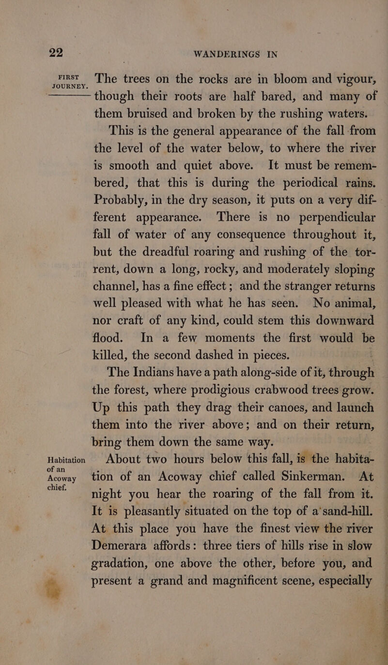 FIRST JOURNEY. Habitation of an Acoway chief. The trees on the rocks are in bloom and vigour, them bruised and broken by the rushing waters. This is the general appearance of the fall from the level of the water below, to where the river is smooth and quiet above. It must be remem- bered, that this is during the periodical rains. ferent appearance. ‘There is no perpendicular fall of water of any consequence throughout it, rent, down a long, rocky, and moderately sloping channel, has a fine effect ; and the stranger returns well pleased with what he has seen. No animal, nor craft of any kind, could stem this downward flood. In a few moments the first would ve killed, the second dashed in pieces. The Indians have a path along-side of it, dhibiiaph the forest, where prodigious crabwood trees grow. Up this path they drag their canoes, and launch them into the river above; and on their return, bring them down the same way. About two hours below this fall, is the habita- tion of an Acoway chief called Sinkerman. At night you hear the roaring of the fall from it. It is pleasantly situated on the top of a‘sand-hill. At this place you have the finest view the river Demerara affords: three tiers of hills rise in slow gradation, one above the other, before you, and present a grand and magnificent scene, especially ak si oo ee -