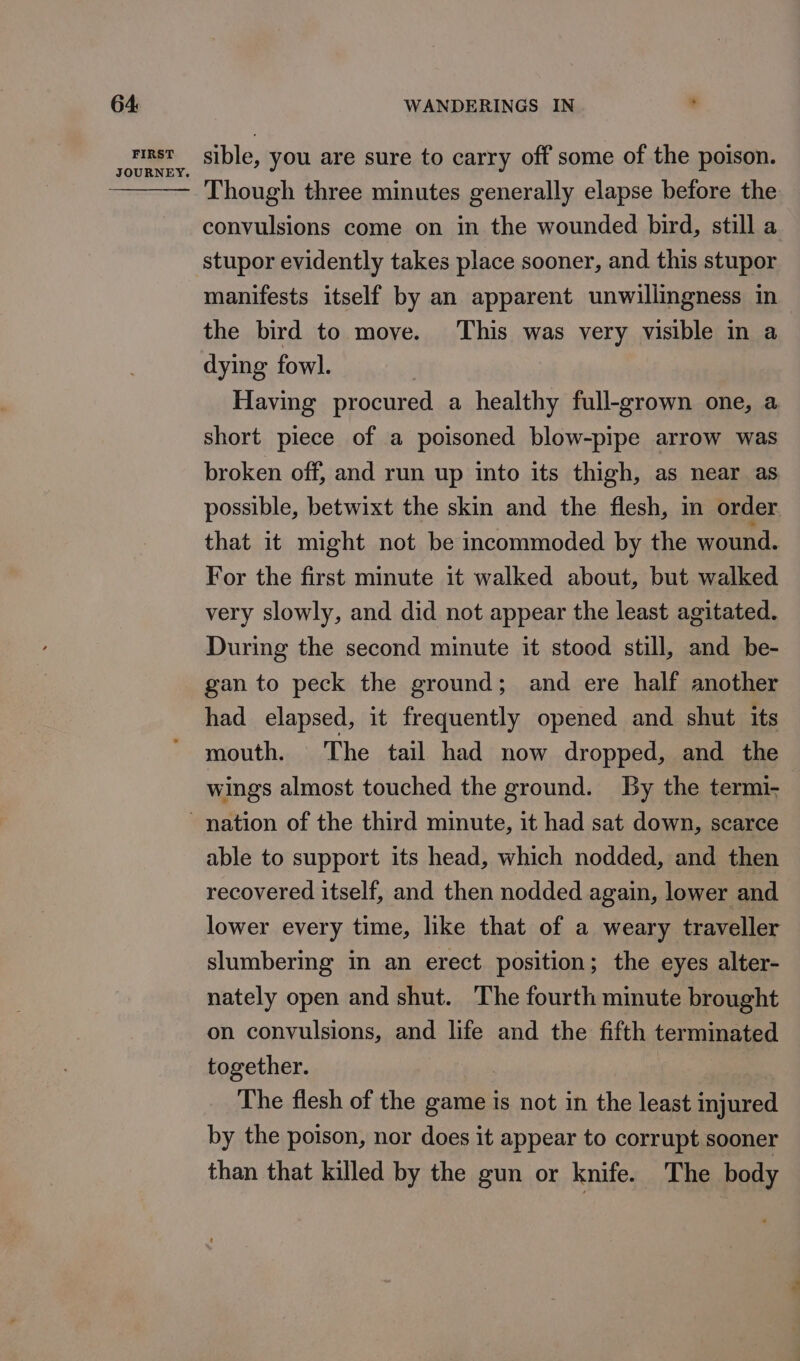 FIRST JOURNEY. sible, you are sure to carry off some of the poison. Though three minutes generally elapse before the convulsions come on in the wounded bird, still a stupor evidently takes place sooner, and this stupor manifests itself by an apparent unwillingness in the bird to move. This was very visible in a dying fowl. | Having procured a healthy full-grown one, a short piece of a poisoned blow-pipe arrow was broken off, and run up into its thigh, as near as possible, betwixt the skin and the flesh, in order. that it might not be incommoded by the wound. For the first minute it walked about, but walked very slowly, and did not appear the least agitated. During the second minute it stood still, and be- gan to peck the ground; and ere half another had elapsed, it frequently opened and shut its mouth. The tail had now dropped, and the wings almost touched the ground. By the termi- able to support its head, which nodded, and then recovered itself, and then nodded again, lower and lower every time, like that of a weary traveller slumbering in an erect position; the eyes alter- nately open and shut. The fourth minute brought on convulsions, and life and the fifth terminated together. The flesh of the game is not in the least injured by the poison, nor does it appear to corrupt sooner than that killed by the gun or knife. The body