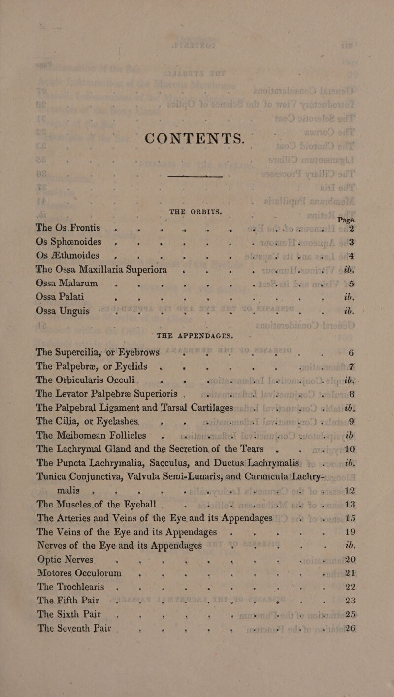 CONTENTS. THE ORBITS. - 7 - a . 7 ; Page. The Os.Frontis . : ; a : ; : 4 Qo z : 3 Os Sphenoides_ ., ; : : ; : = Hos : pd ofF Os Bithmoides .000 a BhegeD edi bas en 4 he Ossa MaxillariaSuperiora =. 1k torres Teewoinel¥ 4h Ossa Malarum ; ; : ‘ ; «9098. 291 be . 5 Ossa Palati ° : . ; ; : + ty pe: : ib. Ouse Unguis,” eee nay) ; ‘slain: bata ; ‘ : ib. ‘THE APPENDAGES. The Supercilia, or Eyebrows 9 2. : 5 6 The Palpebre, or Eyelids . ‘ : . : : spoiles %i The Orbicularis Occult. “ ‘ aoitesnetsl virommpaoU. oloeaBs The Levator Palpebre Superioris . oi I iovis WoO 3 8 The Palpebral Ligament and Tarsal Cantiage HontistoD eidshitél The Cilia, or Eyelashes. a parece poebicl Led ino) + 9 The Meibomean Follicles . 0) Worle 2 snpieyeD The Lachrymal Gland and the Setretioth of the eats eas Mkeyrshe The Puncta Lachrymalia, Sacculus, and Ductus Lachrymalis _ . tb. Tunica Conjunctiva, Valvula Semichunatis; and Caruncula Lachry- malis_ , , , : ; ‘ : 2 of ; 12 The Muscles of the Eyeball - ‘ : j : 13 The Arteries and Veins of the Eye and its Reneduapeat Y toa 45 The Veins of the Eye and its Appendages_. . : ; : 19 Nerves of the Eye and its Appendages (0 ead ; 7 = Pas Optic Nerves : : ‘ nae : : : . ; 20 Motores Occulorum : : é : : : ; : 21 The Trochlearis . ; : : ‘ : : x F ‘ 22 The Fifth Pair .. ‘ d : : ° : ° : 23 The Sixth Pajr . : = ‘ : P ‘ f » noi 25 The Seventh Pair 4 ; : &gt; 4 . : , : 26