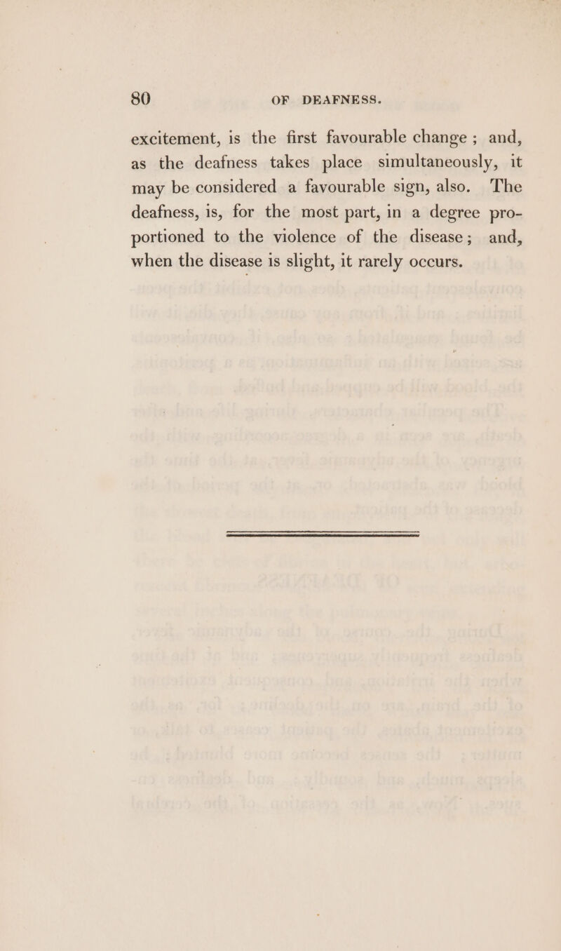 excitement, is the first favourable change ; and, as the deafness takes place simultaneously, it may be considered a favourable sign, also. The deafness, is, for the most part, in a degree pro- portioned to the violence of the disease; and, when the disease is slight, it rarely occurs.
