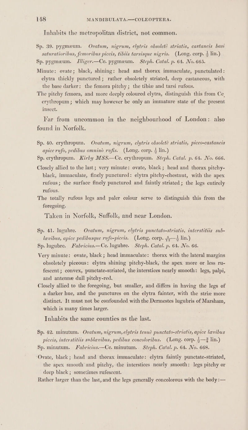 Inhabits the metropolitan district, not common. Sp. 39. pygmeum. Ovatum, nigrum, elytris obsolete striatis, castaneis basi saturatioribus, femoribus piceis, tibiis tarsisque nigris. (Long. corp. % lin.) Sp. pygmeum. IJilliger.—Ce. pygmeum. Steph. Catal. p. 64. No. 665. Minute: ovate; black, shining: head and thorax immaculate, punctulated : elytra thickly punctured; rather obsoletely striated, deep castaneous, with the base darker: the femora pitchy ; the tibie and tarsi rufous. The pitchy femora, and more deeply coloured elytra, distinguish this from Ce. erythropum ; which may however be only an immature state of the present insect. lar from uncommon in the neighbourhood of London: also found in Norfolk. Sp. 40. erythropum. Ovatum, nigrum, elytris obsolete striatis, piceo-castaneis apice rufo, pedibus omnino rufis. (Long. corp. 3 lin.) Sp. erythropum. Kirhy MSS—Ce. erythropum. Steph. Catal. p. 64. No. 666. Closely allied to the last; very minute: ovate, black; head and thorax pitchy- black, immaculate, finely punctured: elytra pitchy-chestnut, with the apex rufous; the surface finely punctured and faintly striated; the legs entirely rufous. The totally rufous legs and paler colour serve to distinguish this from the foregoing. Taken in Norfolk, Suffolk, and near London. Sp. 41. lugubre. Ovatum, nigrum, elytris punctato-striatis, interstitiis sub- levibus, apice pedibusque rufo-piceis. (Long. corp. -3—4 lin.) Sp. lugubre. Fabricius.—Ce. lugubre. Steph. Catal. p. 64. No. 66. Very minute: ovate, black; head immaculate: thorax with the lateral margins obsoletely piceous: elytra shining pitchy-black, the apex more or less ru- fescent ; convex, punctate-striated, the interstices nearly smooth: legs, palpi, and antenne dull pitchy-red. Closely allied to the foregoing, but smaller, and differs in having the legs of a darker hue, and the punctures on the elytra fainter, with the strie more distinct. It must not be confounded with the Dermestes lugubris of Marsham, which is many times larger. Inhabits the same counties as the last. Sp. 42. minutum. Ovatum, nigrum, elytris tenue punctato-striatis, apice levibus picers, interstitiis sublevibus, pedibus concoloribus. (Long. corp. 3—? lin.) Sp. minutum. Fabricius.—Ce. minutum.. Steph. Catal. p. 64. No. 668. ‘Ovate, black; head and thorax immaculate: elytra faintly punctate-striated, the apex smooth and pitchy, the interstices nearly smooth: legs pitchy or deep black ; sometimes rufescent. Rather larger than the last, and the legs generally concolorous with the body :—