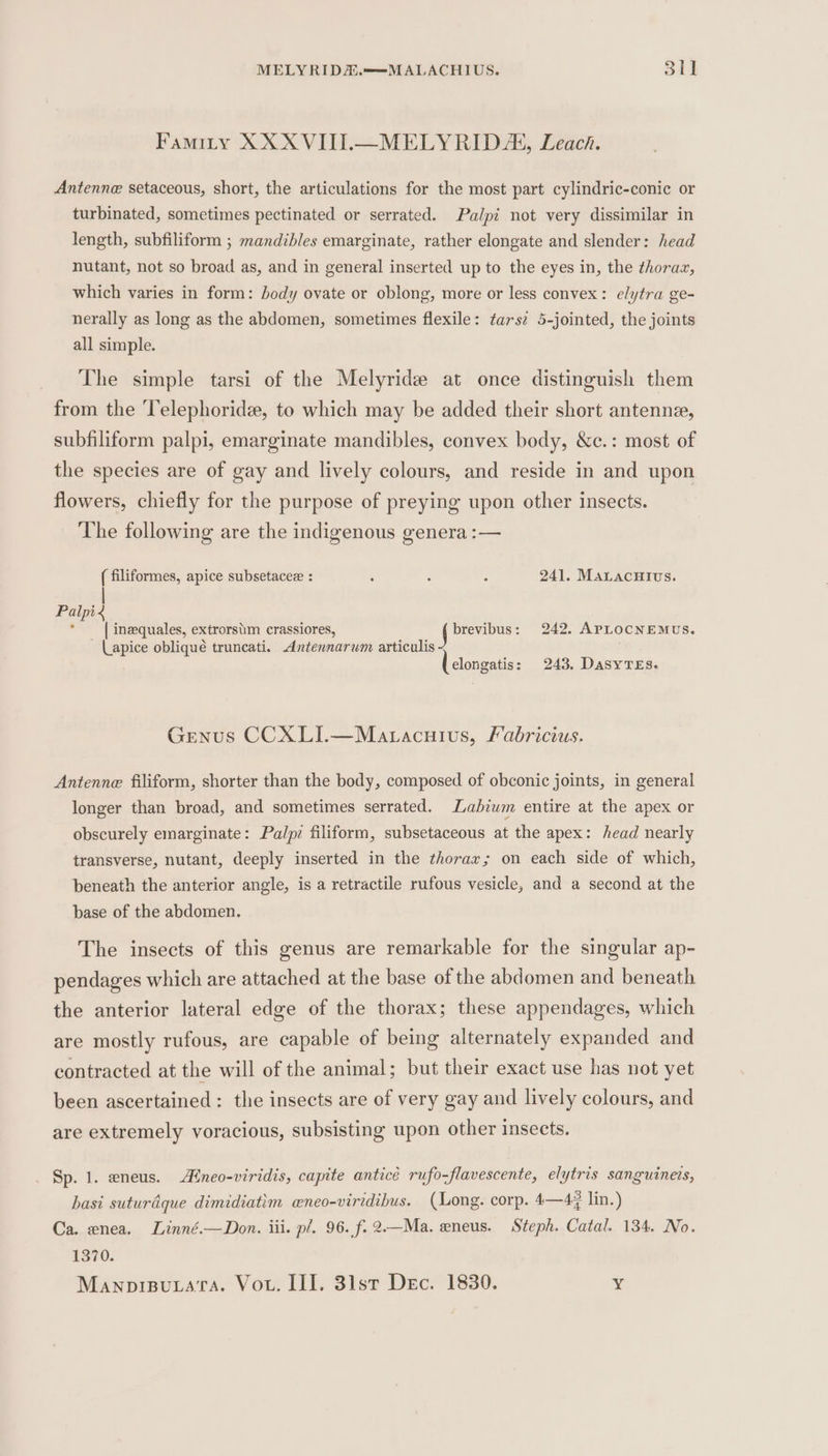 Famity XXX VIII.—MELYRIDA, Leach. Antenne setaceous, short, the articulations for the most part cylindric-conic or turbinated, sometimes pectinated or serrated. Palpi not very dissimilar in length, subfiliform ; mandibles emarginate, rather elongate and slender: head nutant, not so broad as, and in general inserted up to the eyes in, the thoraa, which varies in form: body ovate or oblong, more or less convex: elytra ge- nerally as long as the abdomen, sometimes flexile: tarsz 5-jointed, the joints all simple. The simple tarsi of the Melyride at once distinguish them from the ‘Telephoridz, to which may be added their short antenne, subfiliform palpi, emarginate mandibles, convex body, &amp;c.: most of the species are of gay and lively colours, and reside in and upon flowers, chiefly for the purpose of preying upon other insects. The following are the indigenous genera :— ( filiformes, apice subsetacee : : : : 241. MaLacuHivs. Palpi4 * | ineequales, extrorstm crassiores, f brevibus: 242. APLOCNEMUS. Lapice obliqué truncati. Antennarum articulis clongatis: 243. DASYTES. Genus CCXLI.—Matacnuivus, Fabricius. Antenne filiform, shorter than the body, composed of obconic joints, in general longer than broad, and sometimes serrated. Labiwm entire at the apex or obscurely emarginate: Palp: filiform, subsetaceous at the apex: head nearly transverse, nutant, deeply inserted in the thorax; on each side of which, beneath the anterior angle, is a retractile rufous vesicle, and a second at the base of the abdomen. The insects of this genus are remarkable for the singular ap- pendages which are attached at the base of the abdomen and beneath the anterior lateral edge of the thorax; these appendages, which are mostly rufous, are capable of being alternately expanded and contracted at the will of the animal; but their exact use has not yet been ascertained: the insects are of very gay and lively colours, and are extremely voracious, subsisting upon other insects. Sp. 1. eneus. Aineo-viridis, capite anticé rufo-flavescente, elytris sanguineis, basi suturdque dimidiatim eneo-viridibus. (Long. corp. 4—4¢ lin.) Ca. enea. Linné.—Don. iii. pl. 96. f.2.—Ma. eneus. Steph. Catal. 134, No. 1370. Manpisuxaa. Vou. III. 31st Dec. 1830. Y