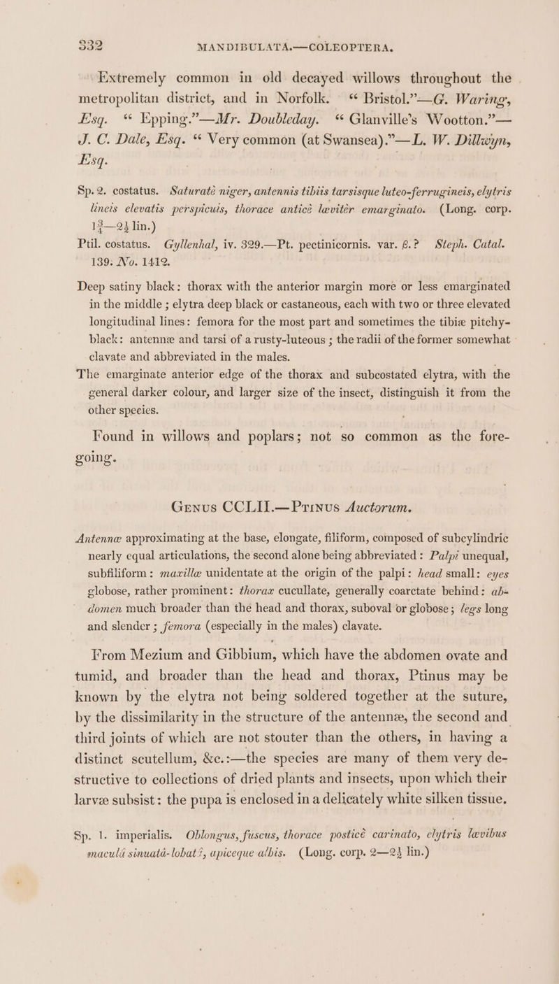 Iixtremely common in old decayed willows throughout the | metropolitan district, and in Norfolk. Bristol.’—G. Waring, Esq. * Epping.”—Mr. Doubleday. Glanville’s Wootton.”— J. C. Dale, Esq. “ Very common (at Swansea).”—L. W. Dillwyn, sq. Sp.2. costatus. Saturatée niger, antennis tibiis tarsisque luteo-ferrugineis, elytris lines elevatis perspicuis, thorace anticé levitér emarginato. (Long. corp. 13—Q3 lin.) Ptil. costatus. Gyllenhal, iv. 329.—Pt. pectinicornis. var. 6.? Steph. Catal. 139. No. 1412. Deep satiny black: thorax with the anterior margin more or less emarginated in the middle ; elytra deep black or castaneous, each with two or three elevated longitudinal lines: femora for the most part and sometimes the tibie pitchy- black: antenne and tarsi of a rusty-luteous ; the radii of the former somewhat » clavate and abbreviated in the males. The emarginate anterior edge of the thorax and subcostated elytra, with the general darker colour, and larger size of the insect, distinguish it from the other species. Found in willows and poplars; not so common as the fore- going. Genus CCLII.—Prinus Auctorum. Antenne approximating at the base, elongate, filiform, composed of subcylindric nearly equal articulations, the second alone being abbreviated : Palpz unequal, subfiliform : maville unidentate at the origin of the palpi: head small: eyes globose, rather prominent: thorax cucullate, generally coarctate behind: ab- domen vouch broader than the head and thorax, suboval or globose; /egs long and slender ; femora (especially in the males) clavate. From Mezium and Gibbium, which have the abdomen ovate and tumid, and broader than the head and thorax, Ptinus may be known by the elytra not being soldered together at the suture, by the dissimilarity in the structure of the antenne, the second and. third joints of which are not stouter than the others, in having a distinct scutellum, &amp;e. :-—the species are many of them very de- structive to collections of dried plants and insects, upon which their larvee subsist: the pupa is enclosed ina delicately white silken tissue. Sp. 1. imperialis. Oblongus, fuscus, thorace posticé carinato, elytris levibus maculé sinuatd-lobat?, apiceque albis. (Long. corp. 2—2} lin.)