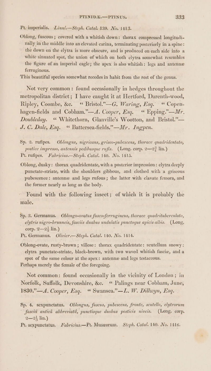 Pt. imperialis. Linné.—Steph. Catal, 139. No. 1413. Oblong, fuscous ; covered with a whitish down: thorax compressed longitudi- nally in the middle into an elevated carina, terminating posteriorly in a spine: the down on the elytra is more obscure, and is produced on each side into a white sinuated spot, the union of which on both elytra somewhat resembles the figure of an imperial eagle; the apex is also whitish: legs and antenne ferruginous. This beautiful species somewhat recedes in habit from the rest of the genus. Not very common: found occasionally in hedges throughout the metropolitan district; I have caught it at Hertford, Darenth-wood, Ripley, Coombe, &amp;c. * Bristol.”—G. Waring, Esq.‘ Copen- hagen-fields and Cobham.”—A. Cooper, Esq. “ Epping.’ —Mr. Doubleday.‘ Whitethorn, Glanville’s Wootton, and Bristol.”— ad. C. Dale, Esq. * Battersea-fields.”-—Mr. Ingpen. Sp. 2. rufipes. Oblongus, nigricans, griseo-pubescens, thorace quadridentato, postice impresso, antennis pedibusque rufis. (Long. corp. 2—2? lin.) Pt. rufipes. Fabricius.—Steph. Catal. 140. No. 1415. Oblong, dusky: thorax quadridentate, with a posterior impression: elytra deeply punctate-striate, with the shoulders gibbous, and clothed with a griseous pubescence: antenne and legs rufous; the latter with clavate femora, and the former nearly as long as the body. Found with the following insect; of which it is probably the male. | Sp. 3. Germanus. Oblongo-ovatus fusco-ferrugineus, thorace quadrituberculato, elytris nigro-brunnets, fasctis duabus undulatis punctoque apicis albis. (Long, corp. 2—2é lin.) Pt. Germanus. Olivier.—Steph. Catal. 140. No. 1414. Oblong-ovate, rusty-brown ; villose: thorax quadridentate: scutellum snowy : elytra ‘punctate-striate, black-brown, with two waved whitish fascie, and a spot of the same colour at the apex: antenne and legs testaceous. Perhaps merely the female of the foregoing. Not common: found occasionally in the vicinity of London; in Norfolk, Suffolk, Devonshire, &amp;c. “ Palings near Cobham, June, 1830.”—A. Cooper, Esq. ‘* Swansea.” —L. W. Dillwyn, Esq. Sp. 4. sexpunctatus. Oblongus, fuscus, pubescens, fronte, scutello, elytrorum fascia anticd abbreviatd, punctisque duobus posticis niveis. (Long. corp. 2—2? lin.) Pt. sexpunctatus. Fubrictus—Pt. Museorum. Steph. Catal. 140. No. 1416.