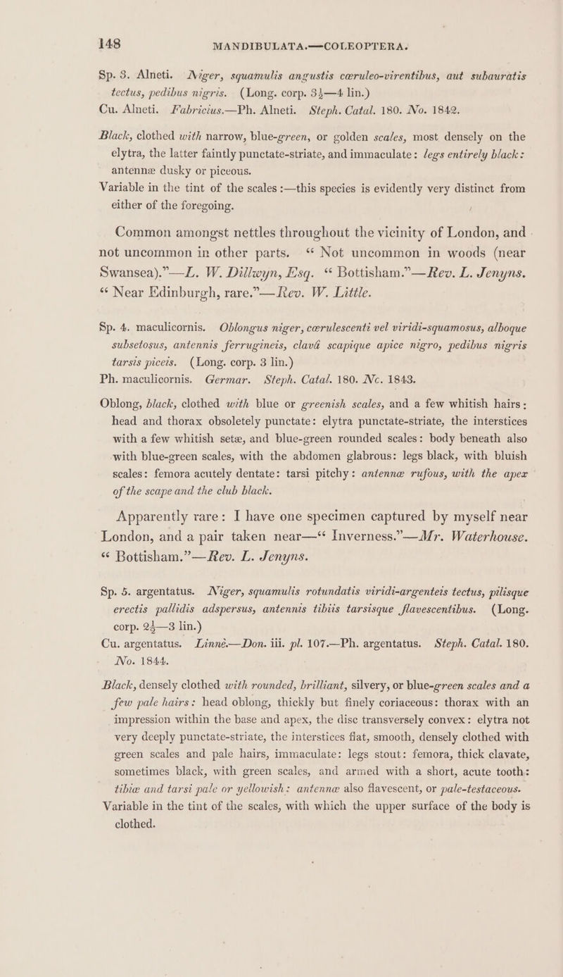 Sp. 3. Alneti. Meger, squamulis angustis cwruleo-virentibus, aut subauratis tectus, pedibus nigris. (Long. corp. 3}—4 lin.) Cu. Alneti. Fabricius.—Ph. Alneti. Steph. Catal. 180. No. 1842. Black, clothed with narrow, blue-green, or golden sca/es, most. densely on the elytra, the latter faintly punctate-striate, and immaculate: legs entirely black: antenne dusky or piceous. Variable in the tint of the scales :—this species is evidently very distinct from either of the foregoing. / Common amongst nettles throughout the vicinity of London, and » not uncommon in other parts. ‘ Not uncommon in woods (near Swansea).”—L. W. Dillwyn, Esq. “ Bottisham.”— Rev. L. Jenyns. “* Near Edinburgh, rare.”—Rev. W. Little. Sp. 4. maculicornis. Oblongus niger, cerulescent? vel viridi-squamosus, alboque subsetosus, antennis ferrugineis, clava scapique apice nigro, pedibus nigris tarsis picets. (Long. corp. 3 lin.) Ph. maculicornis. Germar. Steph. Catal. 180. Ne. 1843. Oblong, black, clothed wrth blue or greenish scales, and a few whitish hairs; head and thorax obsoletely punctate: elytra punctate-striate, the interstices with a few whitish sete, and blue-green rounded scales: body beneath also with blue-green scales, with the abdomen glabrous: legs black, with bluish scales: femora acutely dentate: tarsi pitchy: antenne rufous, with the aper of the scape and the club black. 3 Apparently rare: I have one specimen captured by myself near London, and a pair taken near—-‘‘ Inverness.”—-_Mr. Waterhouse. “ Bottisham.”—Rev. L. Jenyns. Sp. 5. argentatus. Niger, squamulis rotundatis viridi-argenters tectus, pilisque erectis pallidis adspersus, antennis tibiis tarsisque flavescentibus. (Long. corp. 24—3 lin.) Cu. argentatus. Linné.—Don. iii. pl. 107.—Ph. argentatus. Steph. Catal. 180. No. 1844. Black, densely clothed with rounded, brilliant, silvery, or blue-green scales and a few pale hairs: head oblong, thickly but finely coriaceous: thorax with an _impression within the base and apex, the disc transversely convex: elytra not very deeply punctate-striate, the interstices flat, smooth, densely clothed with green scales and pale hairs, immaculate: legs stout: femora, thick clavate, sometimes black, with green scales, and armed with a short, acute tooth: tibiae and tarsi pale or yellowish: antenne also flavescent, or pale-testaceous. Variable in the tint of the scales, with which the upper surface of the body is clothed.