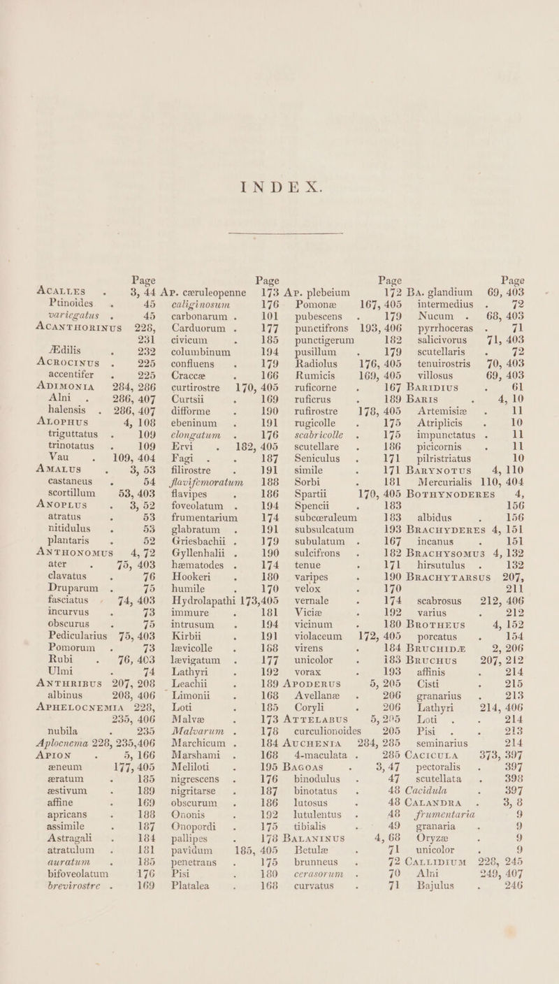 Page Page Page Page ACAL LES 3, 44 Ap. ceruleopenne 173 Ap. plebeium 172 Ba. glandium 69, 403 Ptinoides 45 caliginosum 176 Pomone 167,405 intermedius qe variegatus . 45 carbonarum . 101 pubescens 179 Nucum 68, 403 ACANTHORINUS 228, Carduorum . 177 ~—punctifrons 193,406 pyrrhoceras . 71 231 civicum fe 185 — punctigerum 182 _ salicivorus 71, 403 Adilis 232 columbinum 194 pusillum 179 scutellaris . 72 AcROocINUS 225 confluens 179 ~~ Radiolus 176, 405 tenuirostris 70, 403 accentifer 225 Cracce é 166 Rumicis 169, 405 _ villosus 69, 403 ADIMONIA 284, 286 curtirostre 170, 405 _ ruficorne ‘ 167 Baripivus : 61 Alni 286, 407 = Curtsii 169 ruficrus ; 189 Baris 4,10 halensis 286,407 difforme 190 rufirostre 178, 405 Artemisiz 11 AL OPHUS 4,108 ebeninum 191 _rugicolle 175 = Atriplicis 10 triguttatus 109 elongatum 176 ~~ scabricolle 175 = impunctatus 11 trinotatus . 109 Ervi 182, 405 __ scutellare 186 ___ picicornis 11 Vau 109, 404 = Fagi 5 187 Seniculus . 171 __ pilristriatus 10 AMALUS 3, 53 _ filirostre 191 simile 171 Barynotus 4,110 castaneus. 54 flavifemoratum 188 Sorbi : 181 Mercurialis 110, 404 scortillum 53, 403 flavipes 186 Spartii 170, 405 BoTHYNODERES 4, ANOPLUS 3,52 foveolatum 194 Spencii 183 156 atratus 53 = frumentarium 174 subccruleum 183 albidus 156 nitidulus . 53 ~ glabratum 191 — subsulcatum 193 BracuyDEREs 4, 151 plantaris * 52 Griesbachii . 179 ~~ subulatum 167 = incanus 151 ANTHONOMUS 4,72 Gyllenhalii . 190 — sulcifrons 182 Bracuysomus 4, 132 ater 75, 403 hematodes 174 ~+tenue 171 _ hirsutulus 132 clavatus 76 Hookeri : 180 _ varipes 190 BracuytTarRsus 207, Druparum 75 humile ' 170 _~—velox 170 211 fasciatus 74, 403 Hydrolapathi 173,405 — vernale 174 scabrosus 212, 406 incurvus 73 immure : 181 = Vicie 192 —- varius 212 obscurus 75 intrusum 194 vicinum ° 180 BroTHEus 4, 152 Pedicularius 75,403 Kirbii 191 violaceum 172, 405 porcatus 154 Pomorum 73 levicolle 168 _ virens 184 Brucuipz&amp; 2, 206 Rubi 76,403 levigatum 177° ‘onicoler i835 Brucuus 207, 212 Ulmi 74 = Lathyri 192 vorax 193 affinis 214 ANTHRIBUS 207,208 Leachii 189 APODERUS 5,205 — Cisti 215 albinus 208, 406 = Limonii 168 Avellane 206 — granarius 213 APHELOCNEMIA 228, Loti 185 — Coryli : 206 = Lathyri 214, 406 235, 406 Malve 173 ATTELABUS 5,2°5 Loti 214 nubila a 235 Malvarum . 178 curculioncides 205 ~—s- Pisi 213 Aplocnema 228, 235,406 Marchicum . 184 AUCHENIA 284,285 — seminarius 214 APION 5, 166 Marshami 168 4-maculata . 285 CaAcICULA 3/3, 397 zneum 177,405 Meliloti 195 Basoas 3,47 pectoralis 397 zratum : 185 nigrescens 176 ~~ binodulus 47 scutellata 398 zestivum 189 _nigritarse 187 _ binotatus 48 Cacidula 397 affine 169 obscurum 186 lutosus 48 CALANDRA 3, 8 apricans 188 Qnonis 192 —_lutulentus A8 — frumentaria 9 assimile 187 = Onopordi 175 tibialis 49 granaria. 9 Astragali 184 pallipes : 178 BALaANINuUS 4,68 Oryze ; 9 atratulum 181 pavidum 185, 405 Betule 71 unicolor 2 9 auratunr 185 penetrans . 175 brunneus 72 CaALLIDIuM 228, 245 bifoveolatum 76 SP isk 180 cerasorum 70 3 Alni 249, 407 brevirostre 169‘ Platalea 168 — curvatus 71 = Bajulus 246