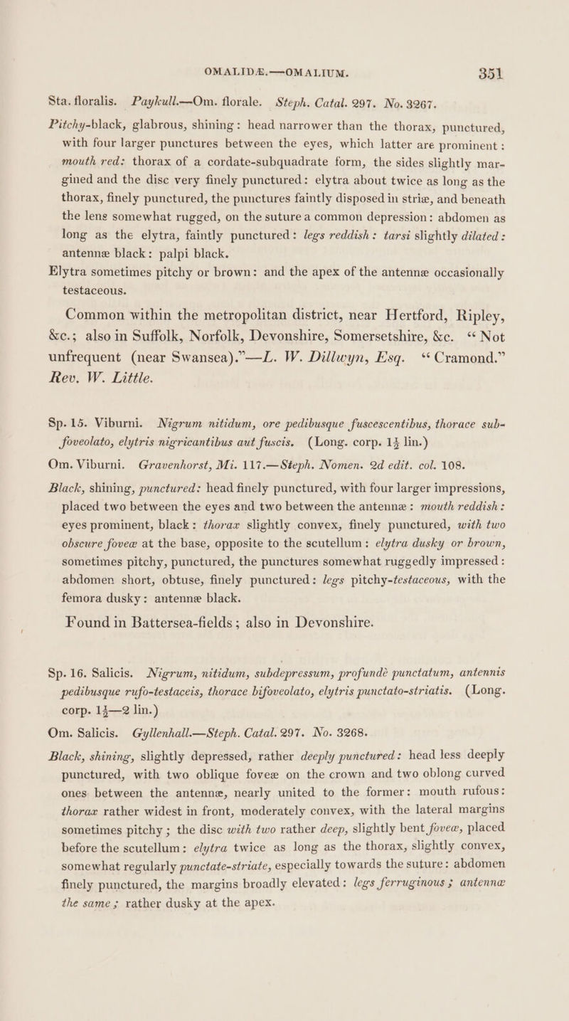 Sta. floralis. Paykull.—Om. florale. Steph. Catal. 297. No. 3267. Pitchy-black, glabrous, shining: head narrower than the thorax, punctured, with four larger punctures between the eyes, which latter are prominent : mouth red: thorax of a cordate-subquadrate form, the sides slightly mar- gined and the disc very finely punctured: elytra about twice as long as the thorax, finely punctured, the punctures faintly disposed in striz, and beneath the lene somewhat rugged, on the suture a common depression: abdomen as long as the elytra, faintly punctured: legs reddish: tarsi slightly dilated : antenne black: palpi black. Elytra sometimes pitchy or brown: and the apex of the antenne occasionally testaceous. Common within the metropolitan district, near Hertford, Ripley, &amp;c.; also in Suffolk, Norfolk, Devonshire, Somersetshire, &amp;c. ‘“* Not unfrequent (near Swansea).”—L. W. Dillwyn, Esq. ‘* Cramond.” Rev. W. Little. Sp.15. Viburni. Migrum nitidum, ore pedibusque fuscescentibus, thorace sub- Soveolato, elytris nigricantibus aut fuscis. (Long. corp. 1% lin.) Om. Viburni. Gravenhorst, Mi. 117.—Steph. Nomen. 2d edit. col. 108. Black, shining, punctured: head finely punctured, with four larger impressions, placed two between the eyes and two between the antennz: mouth reddish: eyes prominent, black: thorax slightly convex, finely punctured, with two obscure fovee at the base, opposite to the scutellum: elytra dusky or brown, sometimes pitchy, punctured, the punctures somewhat ruggedly impressed : abdomen short, obtuse, finely punctured: legs pitchy-testaceous, with the femora dusky: antenne black. Found in Battersea-fields ; also in Devonshire. Sp. 16. Salicis. Migrum, nitidum, subdepressum, profundé punctatum, antennts pedibusque rufo-testaceis, thorace bifoveolato, elytris punctato-striatis. (Long. corp. 14—@ lin.) Om. Salicis. Gyllenhall.—Steph. Catal. 297. No. 3268. Black, shining, slightly depressed, rather deeply punctured: head less deeply punctured, with two oblique fovee on the crown and two oblong curved ones. between the antenne, nearly united to the former: mouth rufous: thorax rather widest in front, moderately convex, with the lateral margins sometimes pitchy ; the disc with two rather deep, slightly bent fovee, placed before the scutellum: elytra twice as long as the thorax, slightly convex, somewhat regularly punctate-striate, especially towards the suture : abdomen finely punctured, the margins broadly elevated: legs ferruginous ; antenna the same ; rather dusky at the apex.