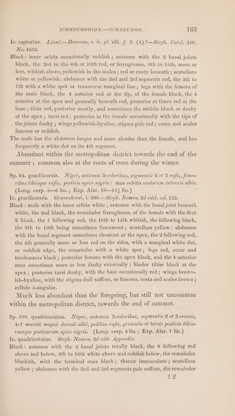 Ic. raptorius. Linné.—Donovan, v. ii. pl. xlii. f. 2. (4) ?—Steph. Catal. 349. No. 4433. Black: inner orbits occasionally reddish ; antenne with the 2 basal joints black, the 3rd to the 8th or 10th red, or ferruginous, 9th to 15th, more or less, whitish above, yellowish in the males ; red or rusty beneath ; scutellum white or yellowish; abdomen with the 2nd and 3rd segments red, the 5th to 7th with a white spot or transverse marginal line ; legs with the femora of the male black, the 4 anterior red at the tip, of the female black, the 4 anterior at the apex and generally beneath red, posterior at times red at the base ; tibie red, posterior mostly, and sometimes the middle black or dusky at the apex ; tarsi red; posterior in the female occasionally with the tips of the joints dusky ; wings yellowish-hyaline, stigma pale red ; costa and scales fuscous or reddish. The male has the abdomen longer and more slender than the female, and has frequently a white dot on its 4th segment. Abundant within the metropolitan district towards the end of the summer ; common also at the roots of trees during the winter. Sp. 94. gracilicornis. Niger, antennis 3-coloribus, segmentis 2 et 3 rufis, femo-= ribus tibiisque rufis, posticis apice nigris: mas orbitis oculorum internis albis. (Long. corp. 5—6 lin.; Exp. Alar. 10—114 lin.) . Ic. gracilicornis. Gravenhorst, i. 290.—Steph. Nomen. 2d edit. col. 133. - Black: male with the inner orbits white ; antenne with the basal joint beneath white, the 2nd black, the remainder ferruginous, of the female with the first 2 black, the 7 following red, the 10th to 15th whitish, the following black, the 8th to 10th being sometimes fuscescent ; scutellum yellow; abdomen with the basal segment sometimes chestnut at the apex, the 2 following red, the 4th generally more or less red on the sides, with a marginal white dot, or reddish edge, the remainder with a white spot; legs red, coxe and trochanters black ; posterior femora with the apex black, and the 4 anterior ones sometimes more or less dusky externally ; hinder tibizee black at the apex ; posterior tarsi dusky, with the base occasionally red; wings brown- ish-hyaline, with the stigma dull saffron, or fuscous, costa and scales brown ; cellule 5-angular. Much less abundant than the foregoing, but still not uncommon within the metropolitan district, towards the end of summer. Sp. 100. quadrinotatus. Niger, antennis 3-coloribus, segmentis 2 et 3 croceis, 4-7 macula magné dorsali alba, pedibus rufis, geniculis et tarsts posticis tibia&lt; rumque posticarum apice nigris. (Jong. corp. 4lin.; Exp. Alar. 7 lin.) Ic. quadrinotatus. Steph. Nomen. 2d edit. Appendix. Black: antenne with the 2 basal joints totally black, the 8 following red above and below, 9th to 16th white above and reddish below, the remainder blackish, with the terminal ones black; thorax immaculate; scutellum yellow ; abdomen with the 2nd and 3rd segments pale saffron, the remainder 12