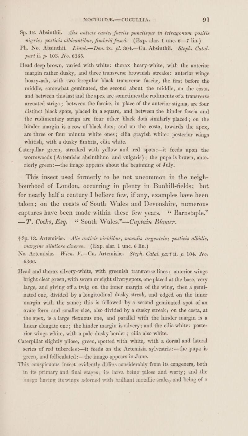 Sp. 12. Absinthii. Alis anticis canis, fasciis punctisque in tetragonum positis nigris; posticis albicantibus, fimbria fuscd. (Exp. alar. 1 unc. 6—7 lin.) Ph. No. Absinthii. Linné.—Don. ix. pl. 304.—Cu. Absinthii. Steph. Catal. part il. p- 103. No. 6365. Head deep brown, varied with white: thorax hoary-white, with the anterior margin rather dusky, and three transverse brownish streaks: anterior wings hoary-ash, with two irregular black transverse fascie, the first before the middle, somewhat geminated, the second about the middle, on the costa, and between this last and the apex are sometimes the rudiments of a transverse arcuated striga ; between the fascie, in place of the anterior stigma, are four distinct black spots, placed in a square, and between the hinder fascia and the rudimentary striga are four other black dots similarly placed; on the hinder margin is a row of black dots; and on the costa, towards the apex, are three or four minute white ones; cilia grayish white: posterior wings whitish, with a dusky fimbria, cilia white. Caterpillar green, streaked with yellow and red spots:—it feeds upon the wormwoods (Artemisie absinthium and vulgaris); the pupa is brown, ante- riorly green:—the imago appears about the beginning of July. This insect used formerly to be not uncommon in the neigh- bourhood of London, occurring in plenty in Bunhill-fields; but for nearly half a century I believe few, if any, examples have been taken; on the coasts of South Wales and Devonshire, numerous captures have been made within these few years. ‘ Barnstaple.” —T'. Cocks, Esq. * South Wales.”—Captain Blomer. +Sp. 13. Artemisie. Alis anticis viridihus, maculis argenteis; posticis albidis, margine dilutiore cinereo. (Exp. alar. 1 unc. 6 lin.) No. Artemisie.. Wien. V.—Cu. Artemisia. Steph. Catal. part ii. p. 104. No. 6366. ; Head and thorax silvery-white, with greenish transverse lines: anterior wings bright clear green, with seven or eight silvery spots, one placed at the base, very large, and giving off a twig on the inner margin of the wing, then a gemi- nated one, divided by a longitudinal dusky streak, and edged on the inner margin with the same; this is followed by a second geminated spot of an ovate form and smaller size, also divided by a dusky streak; on the costa, at the apex, is a large flexuous one, and parallel with the hinder margin is a linear elongate one; the hinder margin is silvery; and the cilia white: poste- rior wings white, with a pale dusky border; cilia also white. Caterpillar slightly pilose, green, spotted with white, with a dorsal and lateral series of red tubercles:—it feeds on the Artemisia sylvestris:—the pupa is green, and folliculated :—the imago appears in June. This conspicuous insect evidently differs considerably from its congeners, both in its primary and final stages; its larva being pilose and warty; and the imago haying its wines adorned with brilliant metallic scales, and being of a