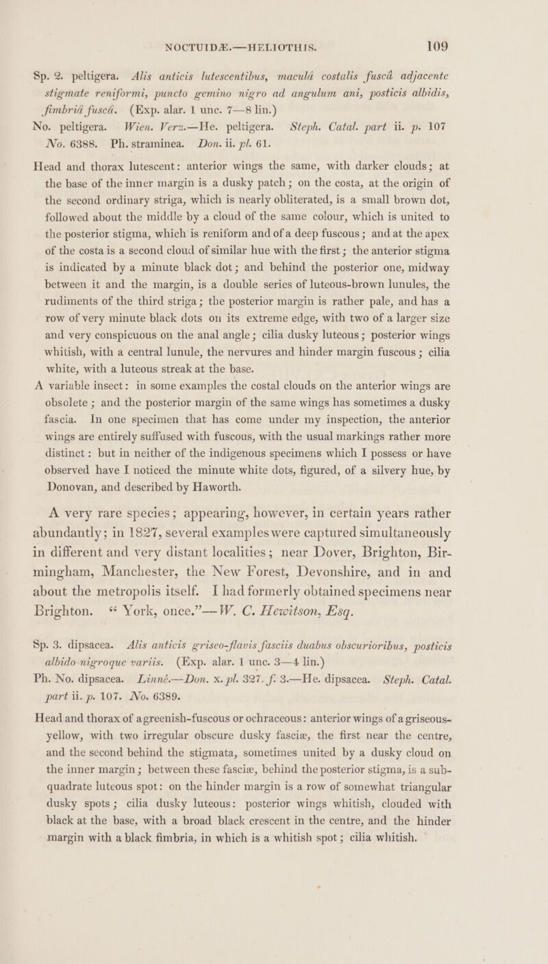 Sp. 2. peltigera. Alis anticis lutescentibus, maculé costalis fusca adjacente stigmate reniformi, puncto gemino nigro ad angulum ani, posticis albidis, Simbrié fusca. (Exp. alar. 1 unc. 7—8 lin.) No. peltigera. Wien. Verz.—He. peltigera. Steph. Catal. part ii. p. 107 No. 6388. Ph.straminea. Don. ii. pl. 61. Head and thorax lutescent: anterior wings the same, with darker clouds; at the base of the inner margin is a dusky patch; on the costa, at the origin of the second ordinary striga, which is nearly obliterated, is a small brown dot, followed about the middle by a cloud of the same colour, which is united to the posterior stigma, which is reniform and ofa deep fuscous ; and at the apex of the costa is a second cloud of similar hue with the first ; the anterior stigma is indicated by a minute black dot; and behind the posterior one, midway between it and the margin, is a double series of luteous-brown lunules, the rudiments of the third striga; the posterior margin is rather pale, and has a row of very minute black dots on its extreme edge, with two of a larger size and very conspicuous on the anal angle; cilia dusky luteous ; posterior wings whitish, with a central lunule, the nervures and hinder margin fuscous ; cilia white, with a luteous streak at the base. A variable insect: in some examples the costal clouds on the anterior wings are obsolete ; and the posterior margin of the same wings has sometimes a dusky fascia. In one specimen that has come under my inspection, the anterior wings are entirely suffused with fuscous, with the usual markings rather more distinct ; but in neither of the indigenous specimens which I possess or have observed have I noticed the minute white dots, figured, of a silvery hue, by Donovan, and described by Haworth. A very rare species; appearing, however, in certain years rather abundantly; in 1827, several examples were captured simultaneously in different and very distant localities; near Dover, Brighton, Bir- mingham, Manchester, the New Forest, Devonshire, and in and about the metropolis itself. I had formerly obtained specimens near Brighton. ‘“ York, once.”—W. C. Hewitson, Esq. Sp. 3. dipsacea. Alis anticis griseo-flavis fasciis duabus obscurioribus, posticis alhido-nigroque varits. (Exp. alar. 1 unc. 3—4 lin.) Ph. No. dipsacea. Linné.—Don. x. pl. 397, f: 3.—He. dipsacea. Steph. Catal. part ii. p. 107. No. 6389. | Head and thorax of agreenish-fuscous or ochraceous: anterior wings of a griseous-~ yellow, with two irregular obscure dusky fascie, the first near the centre, and the second behind the stigmata, sometimes united by a dusky cloud on the inner margin; between these fascia, behind the posterior stigma, is a sub- quadrate luteous spot: on the hinder margin is a row of somewhat triangular dusky spots; cilia dusky luteous: posterior wings whitish, clouded with black at the base, with a broad black crescent in the centre, and the hinder margin with a black fimbria, in which is a whitish spot ; cilia whitish.