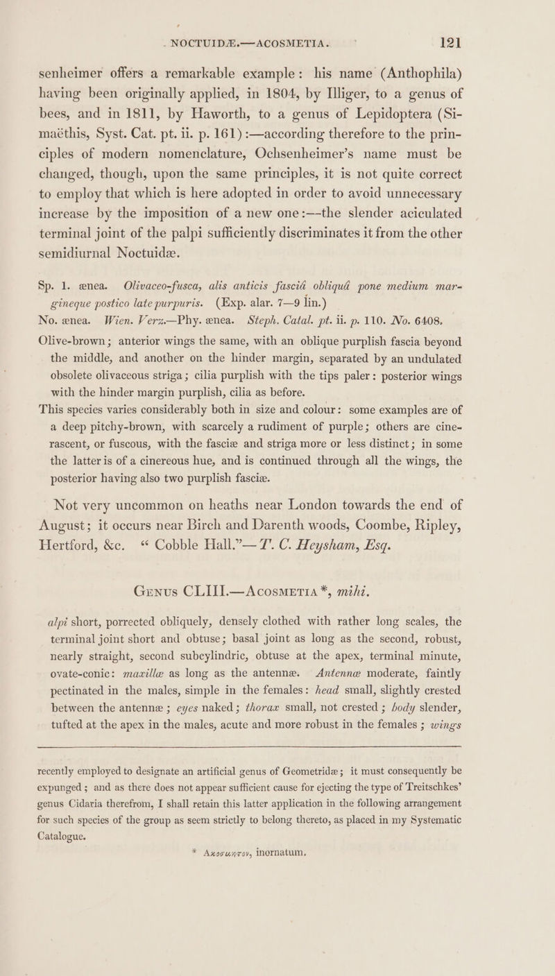 . NOCTUIDZE.—ACOSMETIA. ’ 12] senheimer offers a remarkable example: his name (Anthophila) having been originally applied, in 1804, by Illiger, to a genus of bees, and in 1811, by Haworth, to a genus of Lepidoptera (Si- maéthis, Syst. Cat. pt. ii. p. 161) :—according therefore to the prin- ciples of modern nomenclature, Ochsenheimer’s name must be changed, though, upon the same principles, it is not quite correct to employ that which is here adopted in order to avoid unnecessary increase by the imposition of a new one:—the slender aciculated terminal joint of the palpi sufficiently discriminates it from the other semidiurnal Noctuide. Sp. 1. enea. Olivaceo-fusca, alis anticis fascid obliqua pone medium mar- gineque postico late purpuris. (Exp. alar. 7—9 lin.) No. enea. Wien. Verz.—Phy. enea. Steph. Catal. pt. ii. p. 110. No. 6408. Olive-brown ; anterior wings the same, with an oblique purplish fascia beyond the middle, and another on the hinder margin, separated by an undulated obsolete olivaceous striga ; cilia purplish with the tips paler: posterior wings with the hinder margin purplish, cilia as before. This species varies considerably both in size and colour: some examples are of a deep pitchy-brown, with scarcely a rudiment of purple; others are cine- rascent, or fuscous, with the fascia and striga more or less distinct; in some the latter is of a cinereous hue, and is continued through all the wings, the posterior having also two purplish fascie. Not very uncommon on heaths near London towards the end of August; it occurs near Birch and Darenth woods, Coombe, Ripley, Hertford, &amp;e. “ Cobble Hall.— 7. C. Heysham, Esq. Genus CLIII.—Acosmetia*, mhz. alpi short, porrected obliquely, densely clothed with rather long scales, the terminal joint short and obtuse; basal joint as long as the second, robust, nearly straight, second subcylindric, obtuse at the apex, terminal minute, ovate-conic: mamille as long as the antenne. Antenne moderate, faintly pectinated in the males, simple in the females: head small, slightly crested between the antenne ; eyes naked; thorax small, not crested ; body slender, tufted at the apex in the males, acute and more robust in the females ; wings recently employed to designate an artificial genus of Geometride; it must consequently be expunged ; and as there does not appear sufficient cause for ejecting the type of Treitschkes’ genus Cidaria therefrom, I shall retain this latter application in the following arrangement for such species of the group as seem strictly to belong thereto, as placed in my Systematic Catalogue. * Axoocunroy, Inornatum,