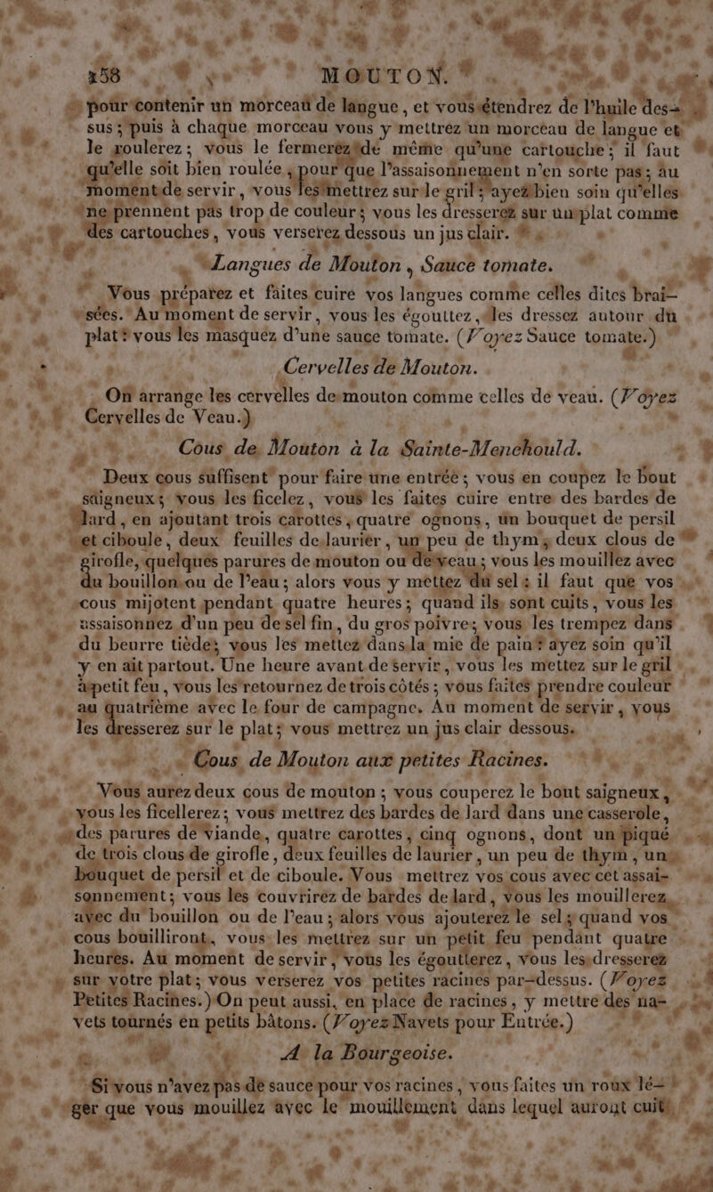 à à vs | Fe | t. € A | É, : à $ Fa Le p” a CE RS POLAR DE ee E : CAR . 0 don NO EU Ai APE HE # d 158 sf : A. . » Ÿ ? MOUTON. # Li at © e és; . sn 417 é 4% | # Ê T * S pour contenir un morceaü de langue , et voussétendrez de l'huile ess ( TR ; puis à chaque morceau vous y mettrez un morceau de langue et. * le goulerez; vous le fermerézfdé méme qu’une cartouche ; il faut M | Me soit bien roulée pou Que l'aaode ent n’en sorte pas; âu dE oméntide servir, vous feslmiettrez surde grilsaye#bien soin quellés. Le  dne prennent päs Fo couleurs vous les ae” sur ünsplat comnie PAR cartouches, vous verserez dessous un jus clair. un « , à * * 4 D À | 2 Langues de Mouton , Sauce tomate. L À L. di $ E* ÿ “ha à LL s. « Vous préparez et faites cuiré Vos langues comie celles dites brai= . 2 wsées.” Au moment de servir, vous les égouttez iles dressez autour du . : &amp; plat vous les masquez d’une sauce tomate. (7’oyez Sauce tomate.) ” , % ù : $ ù  À ŒE. : * 14 .Cervelles de Mouton. rs A . | re: “ , &amp;r., s | | … . — , On arrange les cervelles demouton come celles de veau. (Forez 7. Cervelles de Veau.) A  i » D sr À PE Cous de. Mouton à la Sainte-Menéhould. “ .  Deux cous suffisent” pour faire üne entréé ; vous en coupez le Pout *  stigneux4 vous les ficelez, vouS les faites cuire entre des bardes de , * “hard, en ajoutant trois carottes, quatré ognons, ün bouquet de persil n ® . * Wet ciboule, deux feuilles deJauriér, un peu de thym3% deux clous de ®. + + girofle, quelques parures de mouton Me ; vous les mouillez avec . * “44 du bouillon.ou de l’eau ; alors vous y met + du sel il faut que vos ,* Da &gt;, | 0. scous mijotent pendant quatre heures; quand ils, sont cuits, vous les n. - sssaisonnez d'un peu dessel fin, du gros poivre; vous les trempez dans 1 du beurre tiède; vous les mettez dans,la mie de pain# ayez soin qu'il  y en ait partout. Une heure avant deservir, vous les mettez sur le gril», * apetit feu, vous lesretournez de trois côtés ; vous faite$ prendre couleur : + au quatrième aÿec le four de campagne, Âu moment de servir , vous. £ es dresserez sur le plat ; vous mettrez un jus clair dessous. dif ” Len N “i . Cous. de Mouton aux petites Racines. DL A ” hr à A Fr v, Vous aurez deux cous de mouton ; vous couperez le bout saigneux ké » ” . sous les ficellerez; vous mettrez des bardes de lard dans unecasserole, ». ‘des parures de Viande,, quatre carottes, cinq ognons, dont un piqué PE” x » de trois clousde girofle, deux feuilles de laurier , un peu de thym , uns . duquet de persil et de ciboule. Vous mettrez vos cous avec cet assai= » « \ É sonnemént; vous les couvrirez de bardes de dard, vous les mouiller + : .. aYec du bouillon ou de l’eau ; alors vous ajouterez le sel ÿ quand vos » .. cous bouilliront, vous les meltrez sur un pétit feu pendant quatre + heures. Au moment de servir &gt; vots les égoutterez, vous lessdresserez à sûr yotre plat; vous verserez vos petites racines par-dessus. (Woyez LA Petites Racines. } On peut aussi, en place de racines, y mettre dés fa, co 4 RE urnés € tits bà (FovrezN Dour É e : ‘à 1 Phi en He PAonsatr Ans te ia Entrée.) mr s° ù Gi Rs t . Ale Bourgeoise. | 7. vi de ot L € L LA À é À ‘ à + * sisi 1 È 1 » M ‘#ÆSiyous n'avez pas de sauce pour vos racines, vous faites un roux lé= + | | pu » rétr que vous mouillez avec le OR dans lequel auront Lu TA re . ” | 2er RE ne” e” Ts AT Le %, à s n | : HR ÿ LS ‘; L / “der : 2 ne, | t