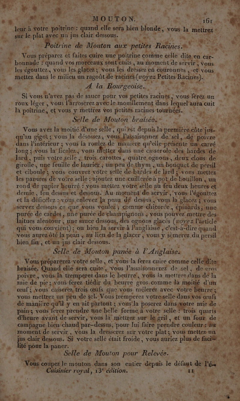 be dE, de MOUTON. RENTE eur à votre poitrine : ‘quand elle sera bien blonde, vous la mettrez . hf le Pas avec un jus clair dessous. RE 6 ds EP MERNT. ve 4 Li £: ue vu # , PA oitrine de Mouton aux petites Ra R LAS à 4 | Vous c pr éparez et faites cuire une poitrine &lt; comme éclle dite, ‘en car- (0 | bonnade : quand vos morceaux sont cuits , au moment de servir. , Vous les égouttez, vous les glatez ; vous les diésée eñ couronnes , ct vous melLez dans Le milieu un ragoût de racines ( (voyez Petites D DUR | | 0 4: e A la Bourgecise.. RATE de, + | +. Si vous n'avez pas de sauce pour vos petites racines, vous Pré un * roux léger , Vous l'arroserez avec le mouillement dans lequel aufa cuit ne poitrine, et vous y mettrez Vos petites. racines dr Poele? * Selle de Mouton. braïsées* ) UNE dus ne é, Vous avez la moitié d’une selle ; qui est depuisJa prentil échoue ‘% qu'au gigor ; vous la désossez, vous lassaisonnez de.sel , «dc poivre | à dans l'intérieur ; : vous la roulez.de manière qu *elle-présen te Unkoarré …. @ À long ; wous la’ ficelez, vous nPeLtez dans uné casseroleodes _bardes de PCR ad Tir” puis voire Lele 4 trois. carottes , quatre ognons., deux clous de , LA “girofle, une feuille 4 lauriér ; unspeu de thym , .un bouquet de persil : di di et ciboule* vous couvrez vôtre selle de-bardes de lard 3-vous mettez à : * les parures ‘dé votre selle :’ajoutez uncicuillerée à potde boüillon ,un cé . rond de papier beurré : vous mettez votre selle au feu deux heures et : AT demie, feu. dessus et dessous. Au: momènt de servir, vous l'égouttez 1:41 et la déficélez : vous.enlevez la peau dé dessus ‘vous la elacez ee VOUS PR “servez dessons ce que ous voulez ; comme chicorée , épinards Jupe. à ET purée de cardes, ne purée de champignons . 3 vous pouvez mettre des Res laitues alentour ; une sauce dessous, des ognons glacés (voyez l'article + qui. vous con vient): ; ou bien la servir à l'anglaisse , c’est-à-dire quand vous aurez. Ôté Ja peau ; au lieu de la glager+ vous y sèmerez. du persil bien, fur, ct'un jus clair dessous. | | à ” Selle’ de. Mouton pance 2 1 1 DRE u de , a » Vous: préparerez - votre selle, et vous la ferez cuire comme cellelditee à bu: braisée. Quand elle sera cuite®. vous l’assa aisonnexez de sel, desgros ‘M, poivre, vous la temperez Los le beurre, vos la mettrez de dé la , mie de pie ju Ou$- -férez tiédir du beurre gros,comme da moitié d'un * * ” œuf ; vous cassérez, trois œufs que vous méleréz avec votre | Fe : ! vous mettrez un peu de sl Vous trémperez votresselle dans vos ‘œufs 4 de manitre qu'il y en ait partout ; vous'la poserez ee 2 mie de. pains; vous ferez prendre üne belle forme à votre selle !trois quarts +. # d'heure avant de-servir, vous la’ mettrez sur le gril , et un four de. campagne bien: chaud par —dessus, ‘pour lui faire prendre couleur: fau + é. moment de servir, vous la drésserez sur votre plat; vous mettez un ** pe, clair dessous. Si votre selle était froide, vous auriez plus. de fac ve L ‘ 4e pour la paner. D A ; oi “ie À SE Selle de Mouton pour Relevée. RAUUPE Lo - Voùs coupez le mouton dans son entier depuis le défaut de. l'és We Cuisinier royal, 13° édition. RU A Eee à, # “ 1 1 .” Al, PE dr “ u “ F ‘à