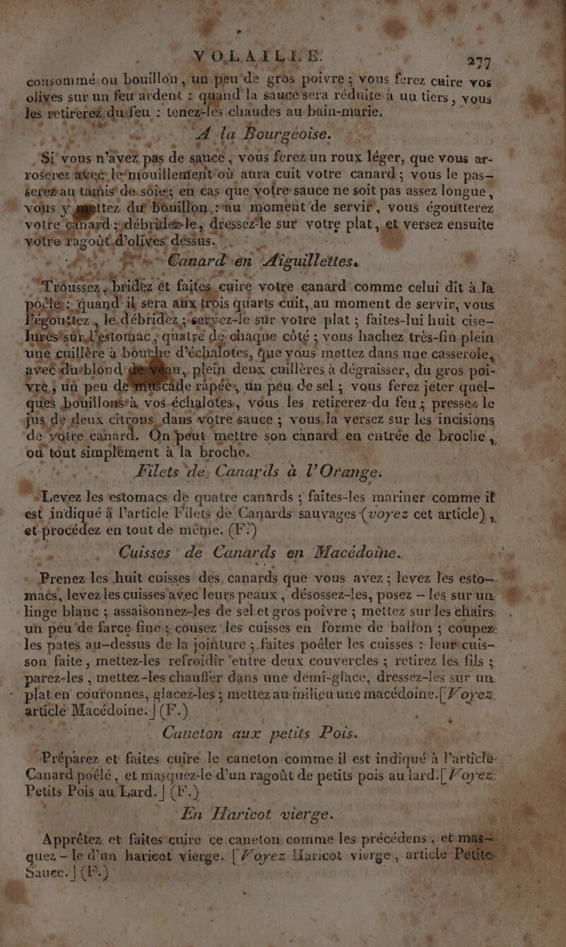 _NOLAILÉE ART ‘#39 consommé.ou bouillon , un peu de gros poivre ; vous ferez cuire vos olives sur un feu ardent : gul la saucé sera réduites: à un tiers, vous les Non tenez-les chaudes au: bain-mase. : #”, À de A la Bourgéoise. de # » s 4 ‘Si vous n avez p de tes : vous ferez un roux léger, que vous ar- serepau tamis de. sôie; en Cas. que votre sauce ne soit pas assez longue , vous y ttez. du Bouillon .»au moment de servi, vous égoutterez votre | nard sdébridérle, dressée sur votre Lo versez ensuite vôtre Ta À goût, d'olives d dés? NES A ssl, FL Canard’ en “Aiguiltenes. # FALL à sur nids ét. ue vire voire canard comme celui dit à la D Èt .quanc ‘ik sera aux {rOis quarts cuit, au moment de servir, VOUS. a le, débridez ; s'senyez-le sûr votre plat ; faites-lui huit cise— avee a ueblond: fle ràpée» un «peu desel; vous Évtes jeter quel- ques otillonérà vos. échalotes, vous les retirerez-du feu ; presses le jus d s dy d deux SU dans votre sauce : vous. la versez sur st incisions de. &gt; votre. canar où tout simplément à LA broche. | 4 CO Filets de: ; Canards à Qivee #, “Levez les estomacs de quatre canards ; ‘faites-les mariner comme if est indiqué à à l’article Filets de Canards sauvages (voyez cet article); et procédez en tout de même. (F.) linge blanc ; assaisonnez-les de selet gros poivre ; mettez sur les chairs. RE peu ‘de farce fine; cousez les cuisses en né de balton : ; coupez: les pates au-dessus de Ja jointure ; faites poëler les cuisses : RER son faite, mettez-les refroidir ‘entre deux couvercles ; retirez les fils ; LS laten couronnes, glacez-les ; mettez au nier une macédoinc. [Voyez AO Macédoine. ; (Fe Caneton aux petits Pois. de pe : a { . Préparez. et faites. cuire le caneton comme il est indiqué ? à Particle. Pets Pois au Lacd. 1.) : En Haricot vierge. Apprêtez et Citer cuire ce caneton comme les précédens', et quez- le d’un haricot vierge. [ Foyez Iaricot vierge, articlé Sauec-| .) 2e