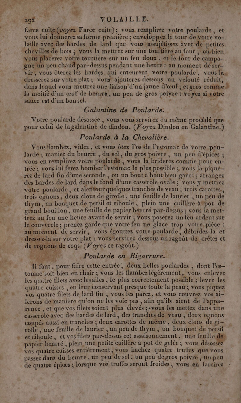 39% | VOLAILLE.. farce cuite{voyez Farce cuite); vous remplirez votre poularde, et vous lui donnerez sa forme première ; enveloppeéz le tour de votre vo- laille avec des bardes de lard que vous “assujétissez avec de petites chevilles de bois ; vous la mettrez sur une toufière au four , ouvbien vous lacerez votre tourtière sur un feu doux , ct le four de campa- gne/un peu chaud par-dessus pendant une heure : au moment dé sei- vir’, vous Ôterez les bardes qui entourent voire poularde , vous las dresserez sur votre plat ; vous” ajouterez dessous un velouté réduit, dans lequel vous mettrez une liaison'd’un jaune d'œuf; et gros conifme à la moitié d’un œuf de beurre , un peu de gros poïyre : voyez sixotre sauce est d’un bon sel. | Lu ROUE RT, Galantine de Poularide. Votre poularde désossée , vous vous serviréz du même procédé que pour celui de la galantine de dindon, (7”oyez Dindon en Galantine.) Poularde à la Chevalière. Vous flambez, videz ,'et vous ôtez l’osde l’estomac de votre pou- larde ; maniez du beurre , du sel, du gros poivre, un peu d'épices ; vous en remplirez votre poularde , vous la briderez comme pour en- trée ; vous lui ferez bomber l'estomac le plus possible ;, vous la-pique- rez de lard fin d’une seconde , ou un bout à boutbien garni; arrangez des bardes de lard dans le fond d’une cassérole ovale ; vous y meltrez votre poularde , et alentour quelques tranches de veau ; trois carottes, trois ognons, deux clous de girofle , une feuille de laurier , un peu de thym , un bouquet de persil et eiboule , plein une cuillère atpot de grand, bouillon , une feuille de papier beurré par-dessus ; vous la met- trez au feu une heure avant de servir ; vous poserez un feu ardent sur le couvercle ; prenez garde que votre feu ne glace trop votre, pièce : aumoment de servir, vous égouttez votre poularde, débridez-la et | dressez-la sur votre plat ; vousservirez dessous un ragoût de crêtes et de rognons de cogs: (Forez ce ragoût.) 1e Poularde en Bigarrure. T1 faut, pour faire cette entrée, deux belles poulardes , dont l’es- tomac'soit bien en chair ; vous les flambez légèrement, vous enlevez les quatre filets avec les ailes , le plus correctement possible ; levez les quatre cuisses , en leur conservant presque toute la peau ; vous piquez vos quatre filets de lard fin , vous les parez, et vous couvrez vos ai- lerons demanière qu’on ne les voie pas , afin qu’ils aient de l’appa— rence , et que vos filets soient plus élevés ;-vous les mettez dans une casserole avec des bardes de lard , des tranches de veau , deux ognons coupés aussi en tranches ; deux carottes de même , deux clous de gi- rofle , une feuille de laurier , un peu de thym , un bouquet de pexsit etciboule, et vos filets par-dessus cet assaisonnement , une feuille des papier beurré , plein une petite cuillère à pot de gelée ; vous désossez vos quatre cuisses entiérement , Vous hachez quatre truffes que vous passez dans du beurre, un peu de sel ; un peu de gros poivré , un peu de quatre épices ; lorsque vos truffes seront froides, vous en fareirez